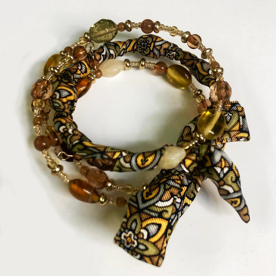 Silk Twill and Beaded Wire Bracelet- Gold
