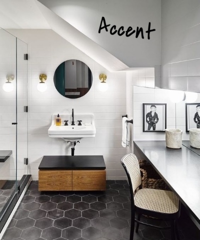Why not try mixing hexagons with rectangle or square tiles to create an accent for your space. If you have rectangular tiles in your custom shower, do a section of your shower wall in hex tiles to make a statement! Or use the hexagon tiles as a border around your square tiles to give the space a classic look!