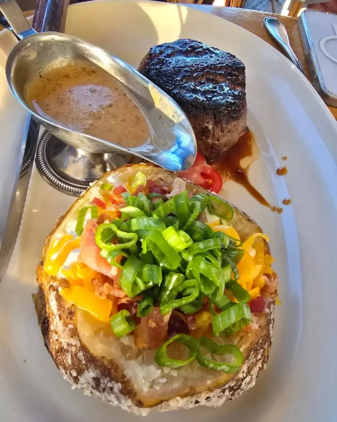 A *perfect* dinner. No notes.&nbsp;✨

Filet | USDA prime, bourbon cream sauce, loaded baked Idaho potato&nbsp;

📸: Rashmi, Google user

#coastaleats #filet #coastalkitchen