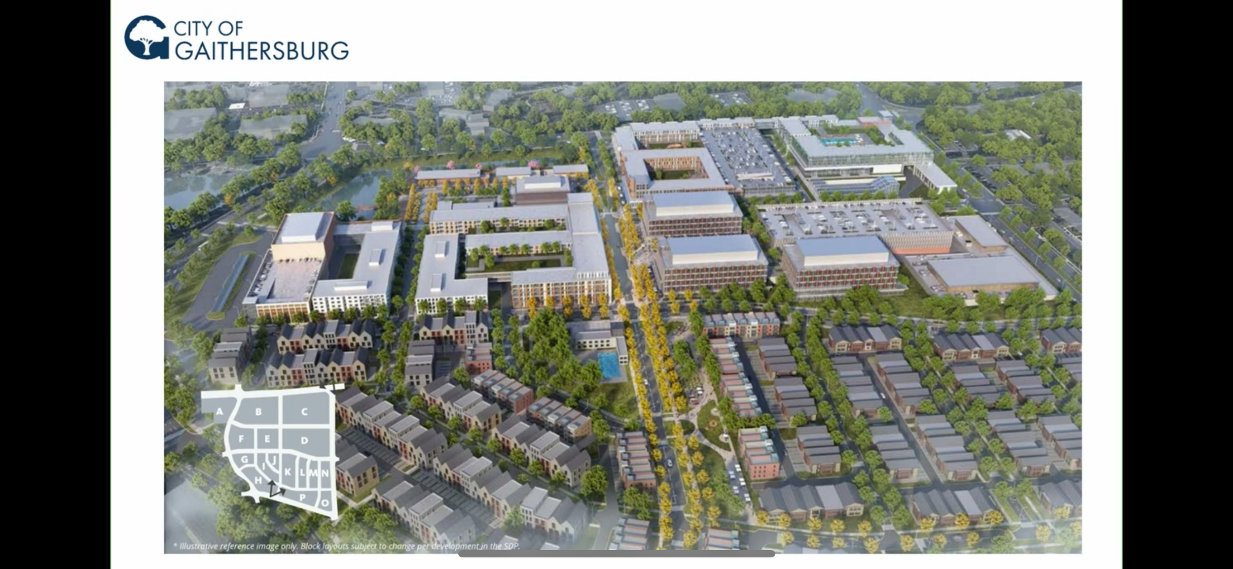 Aerial view of a master plan for the City of Gaithersburg showing various buildings, roads, and green spaces, with a small inset map of neighborhood blocks labeled A to P in the lower left corner.
