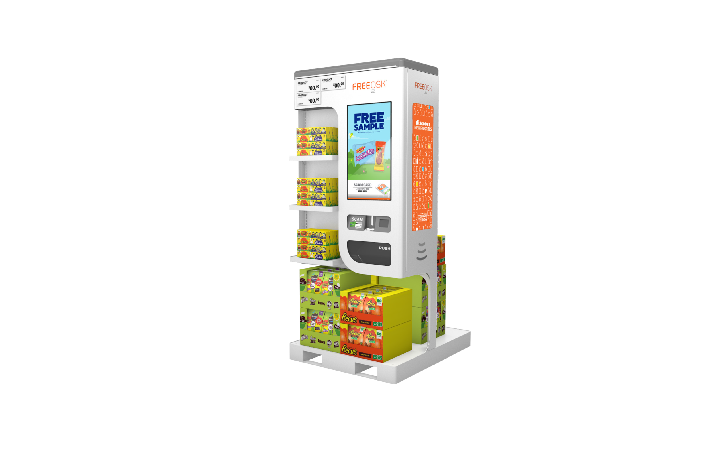 Freeosk stocked with products and screen where promotional video is displayed to attract shoppers to come sample.