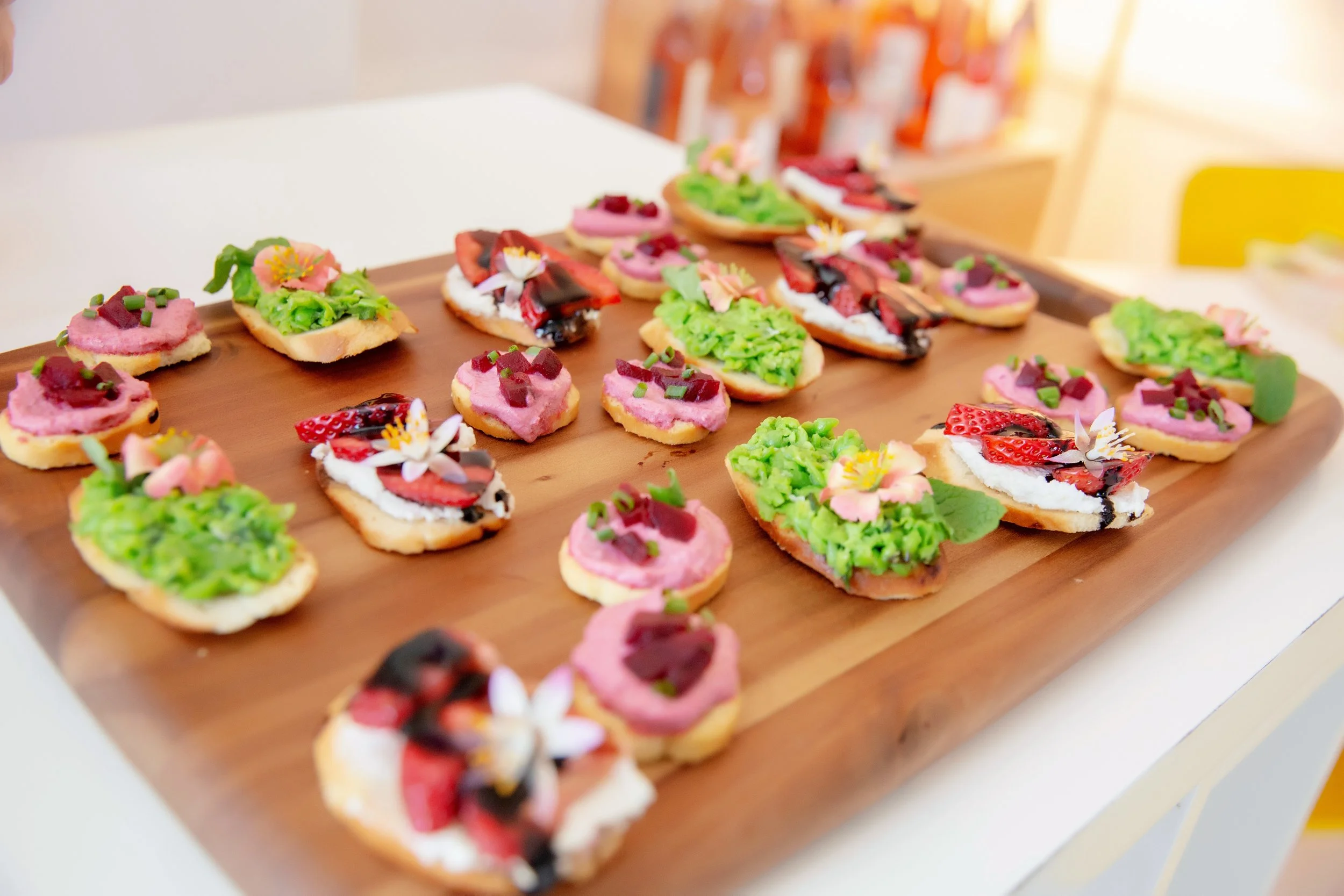 Sweet pea and mint crostini, beet and goat cheese crostini, strawberry balsamic toasts