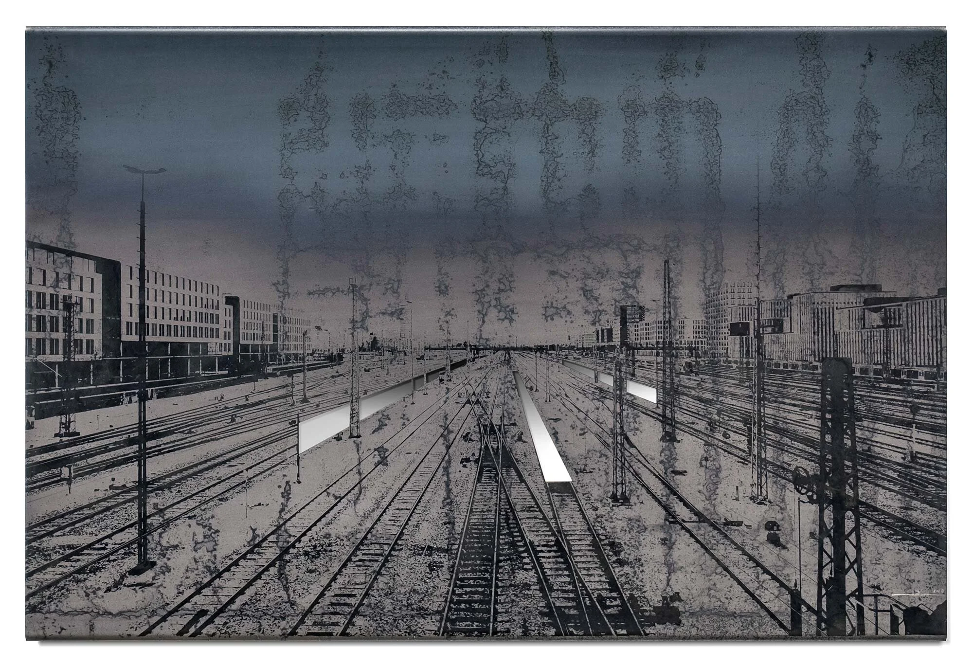HACKERBRÜCKE TRACKS Munich  24 x 36 po / 61 x 91 cm Dessin par oxydation sur acier Œuvre originale unique, édition 1/12