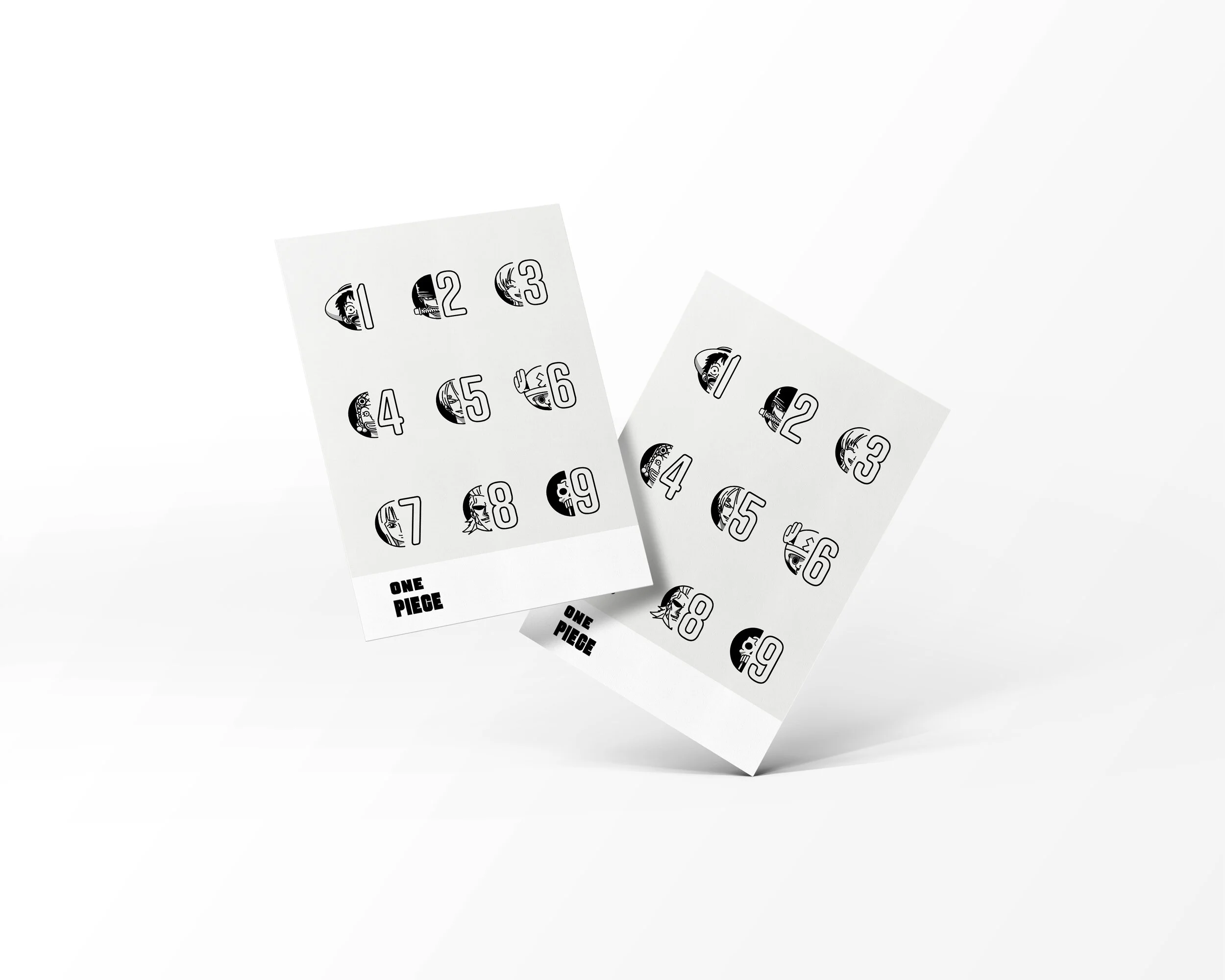 Two sheets with numbered illustrations of One Piece characters, labeled 1 through 9, and the text "ONE PIECE" at the bottom.