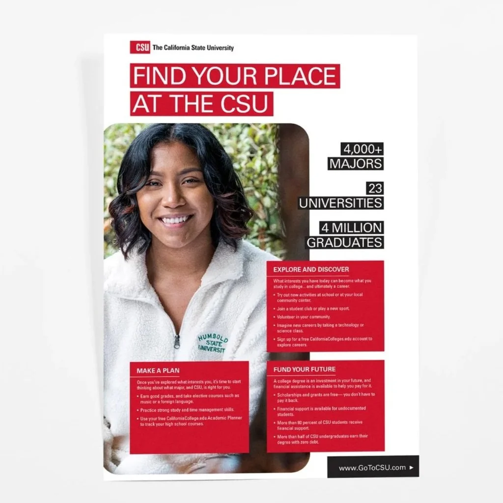 A promotional flyer for California State University (CSU) featuring a smiling young woman wearing a white fleece jacket with the Humboldt State University logo. The flyer highlights CSU's academic offerings, including over 4,000 majors, 23 universities, and 4 million graduates, and encourages prospective students to explore and discover their options, make a plan, and fund their future. The flyer includes sections titled "Explore and Discover," "Make a Plan," and "Fund Your Future," with advice and encouragement for prospective students.