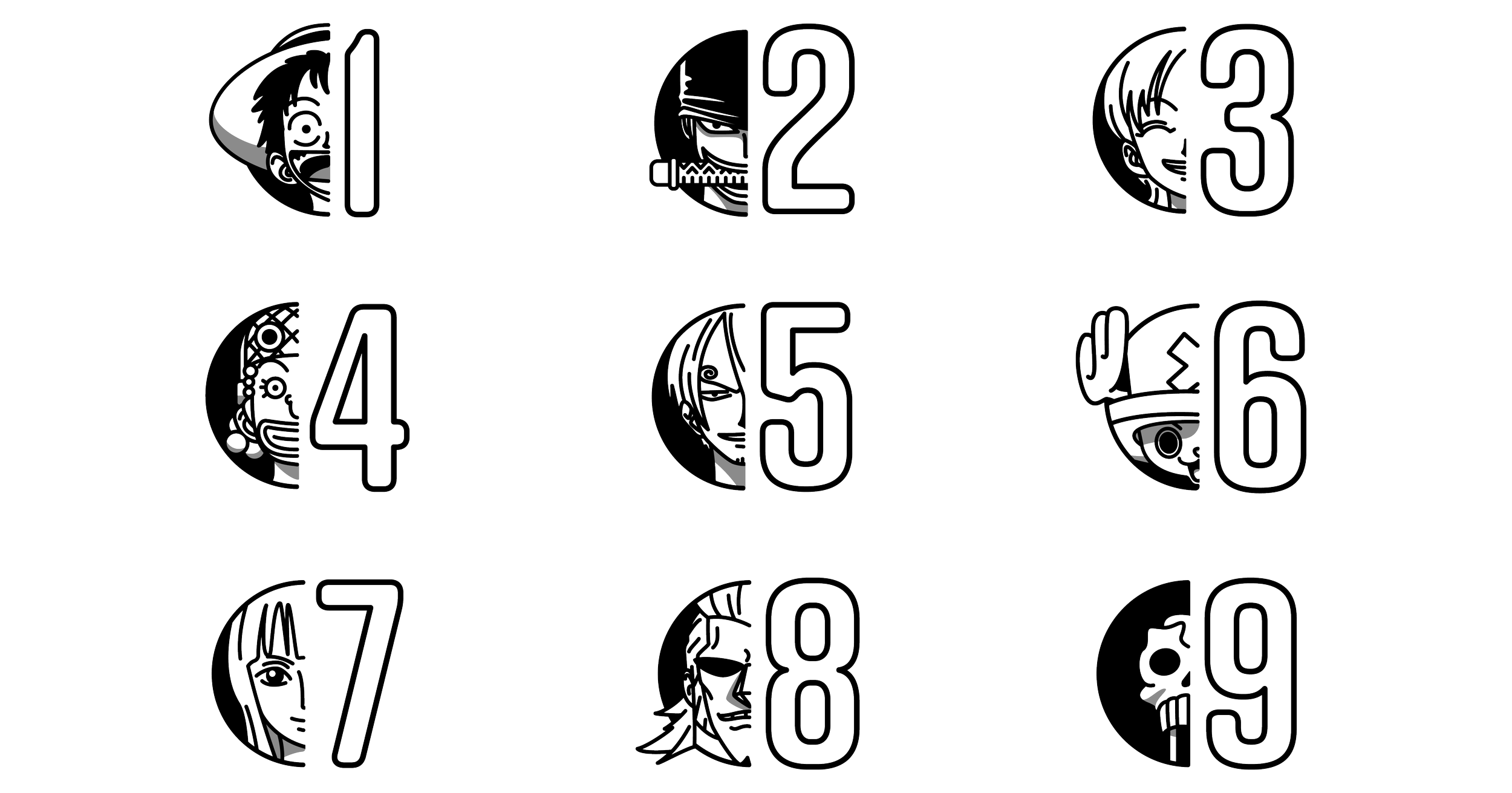 Nine neon-style outlines of faces, each with a different number from 1 to 9, arranged in a 3x3 grid, with each face's profile partially inside a circle.