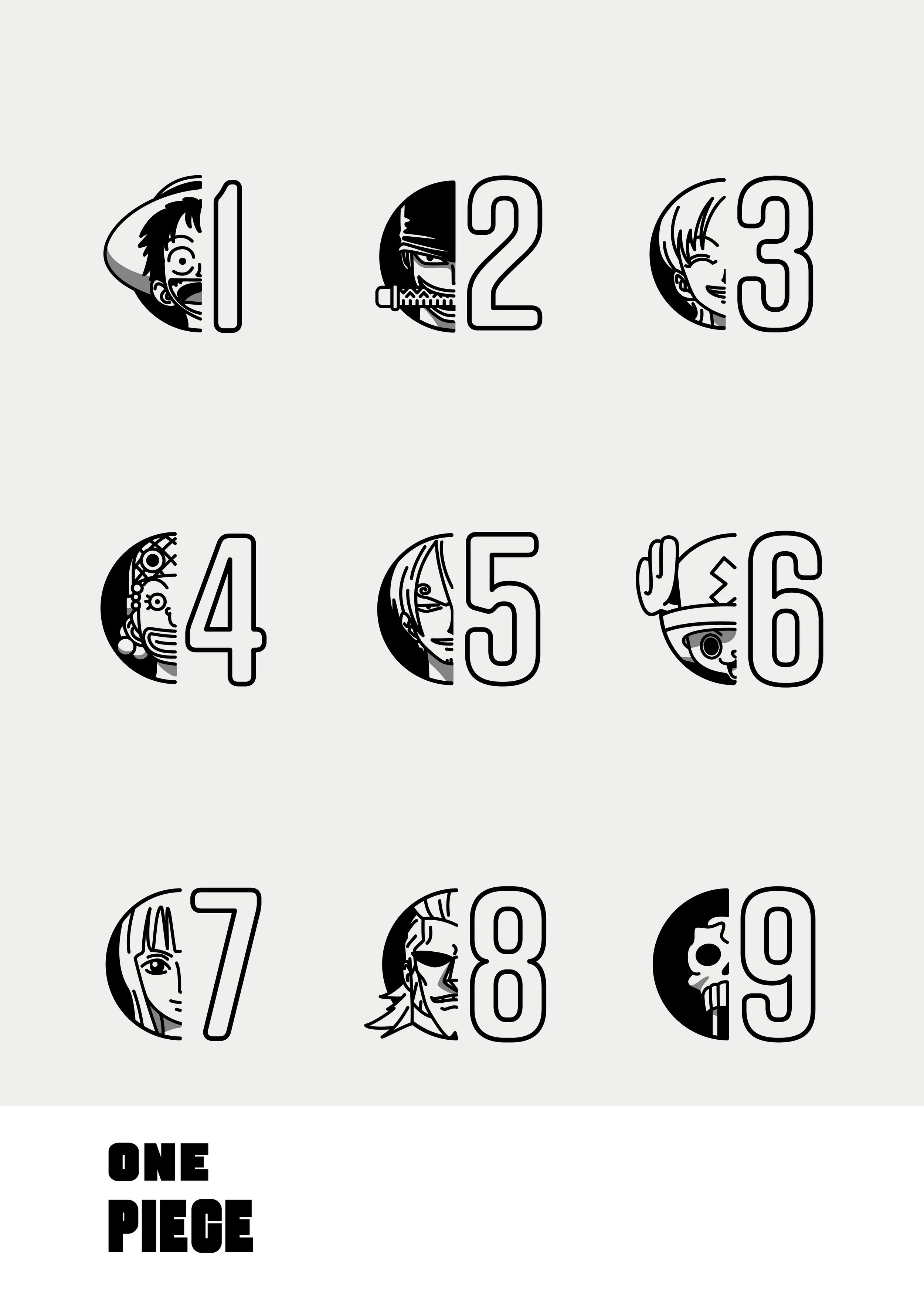 Illustrated collection numbered 1 through 9, each half of the number containing a different character's face from the anime One Piece. The words 'ONE PIECE' appear below.