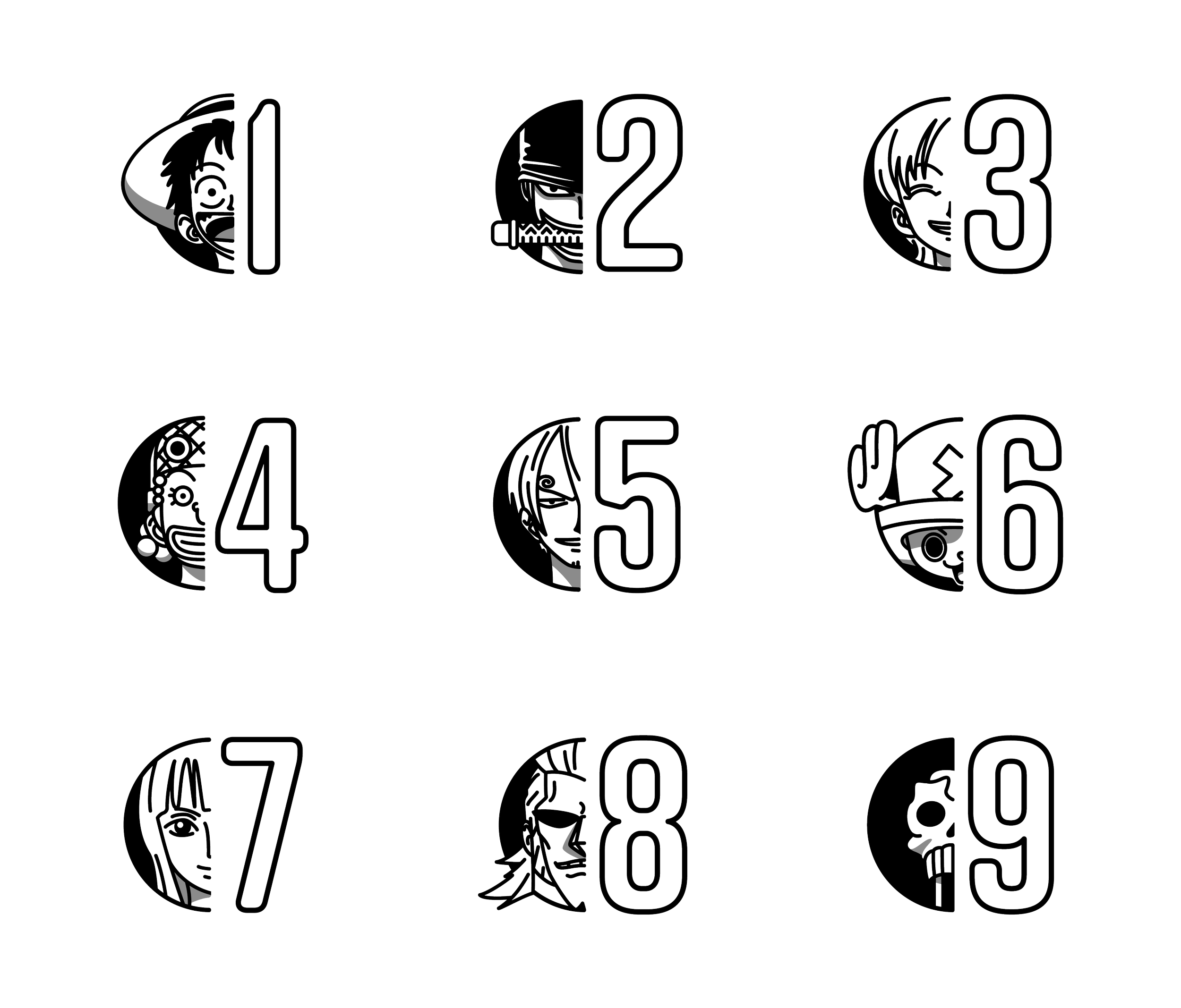 Outline numbers from 1 to 9, arranged in a 3x3 grid, each with a stylized face illustration of the characters from One Piece.