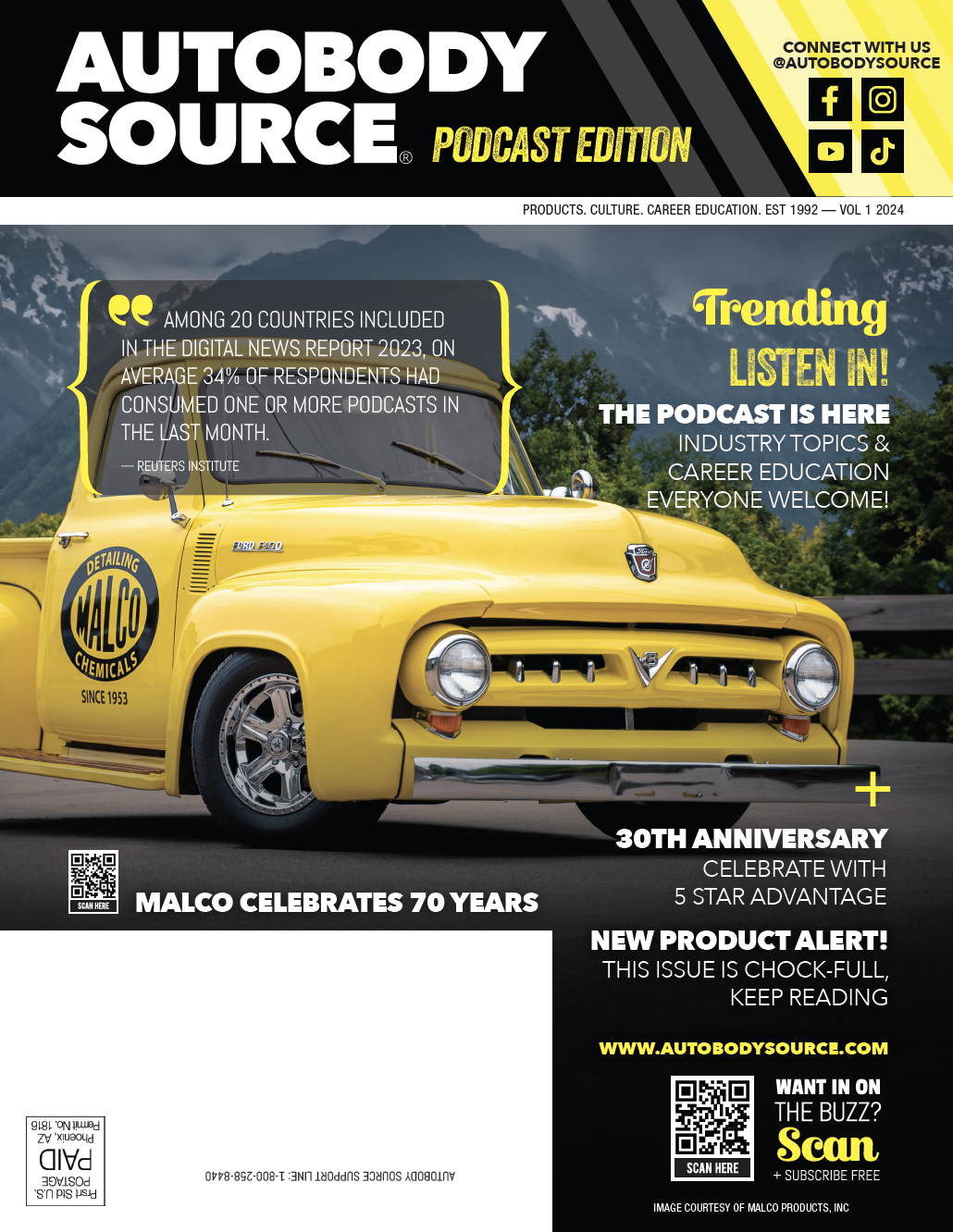 Magazine cover of Autobody Source Podcast Edition featuring a vintage yellow car with text promoting industry news, anniversaries, podcasts, and new products, along with social media icons and QR codes.