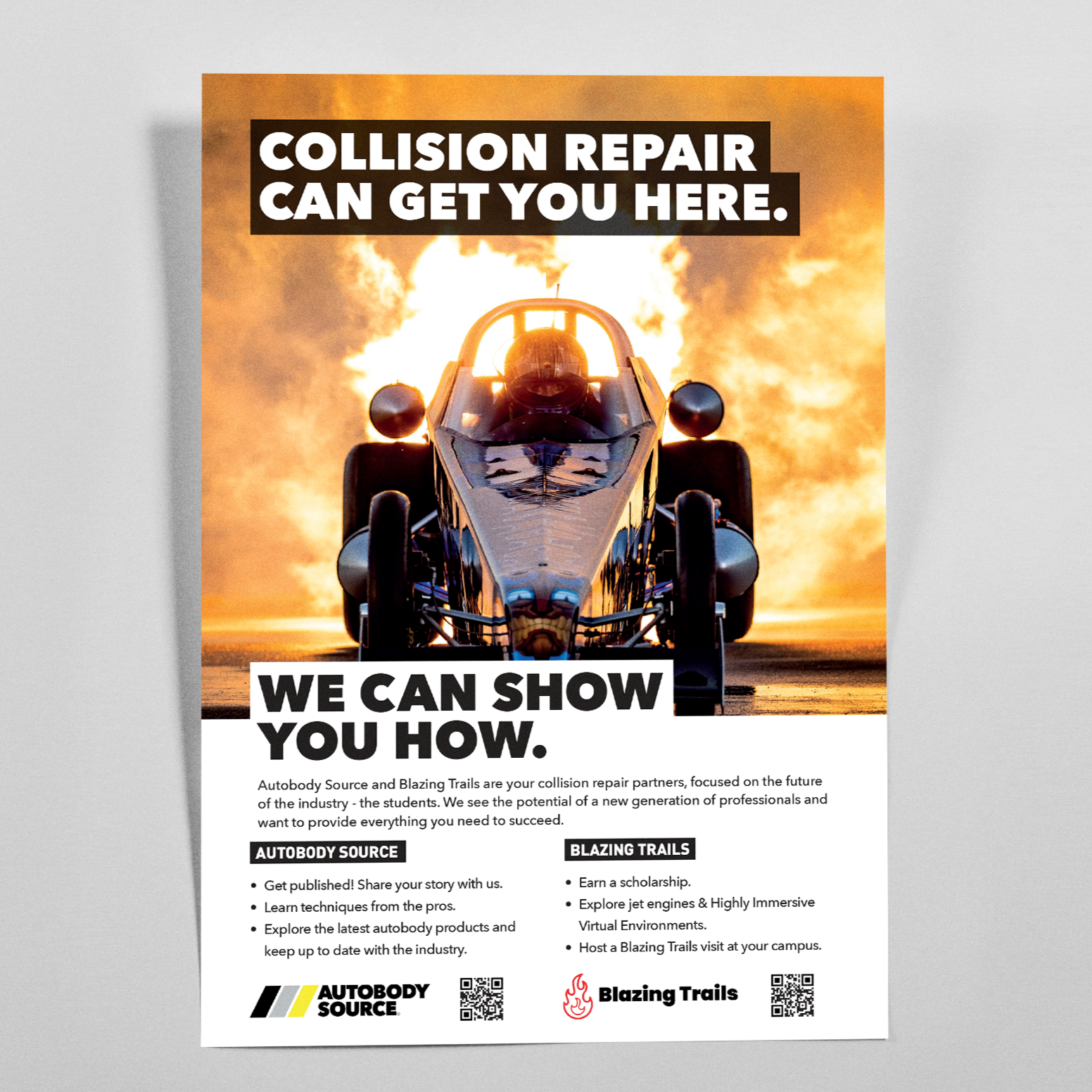 A lightning-fast drag racing car with flames in the background, promoting collision repair training programs by Autoboby Source and Blazing Trails.