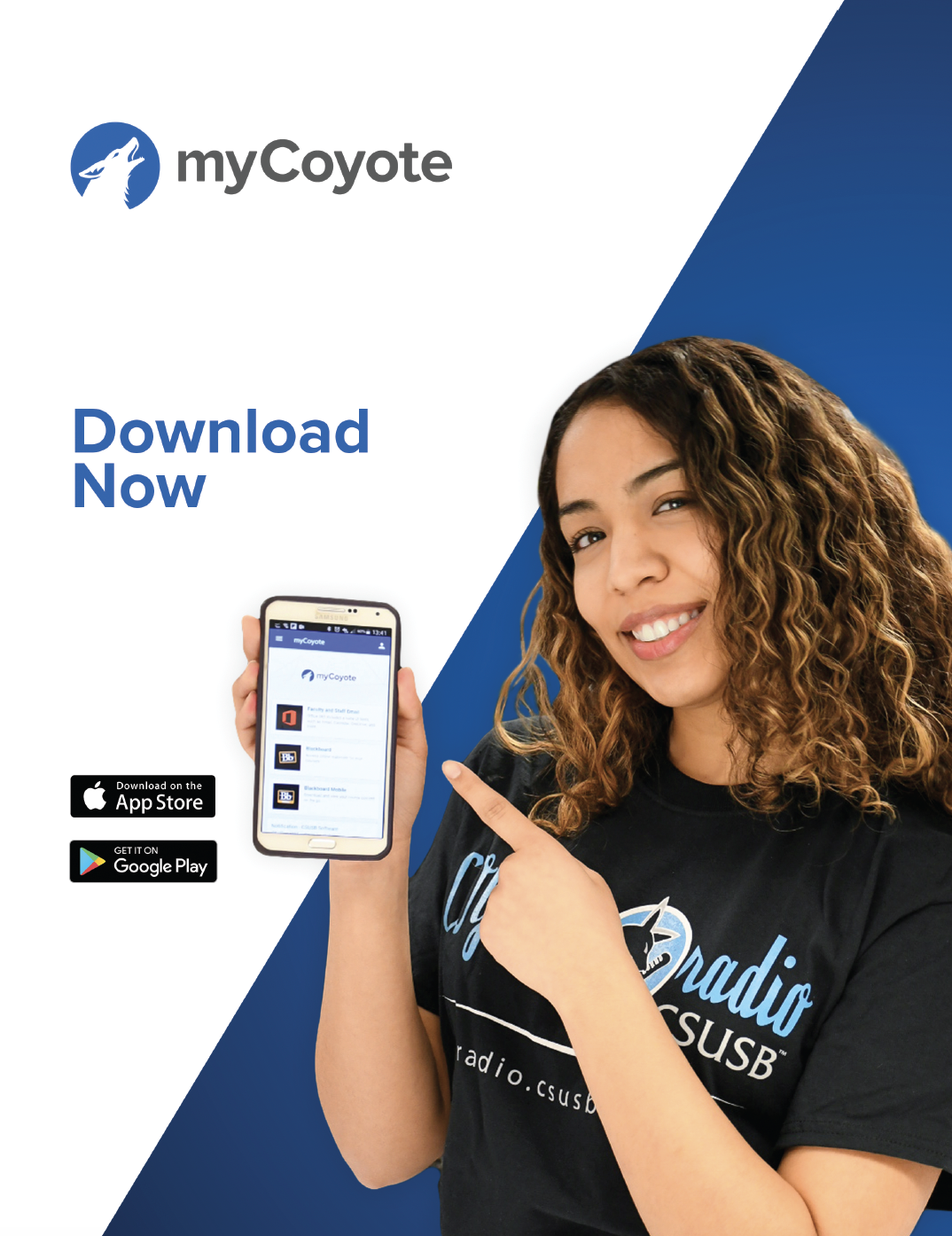 A woman pointing to her smartphone screen, which displays the myCoyote app. The background includes the myCoyote logo, the words "Download Now," and icons for downloading the app from the App Store and Google Play.
