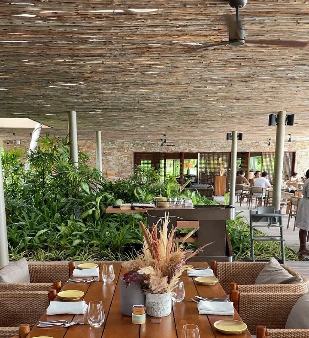 Restaurant with tree branches as ceiling, ceiling fan and natural table set-up