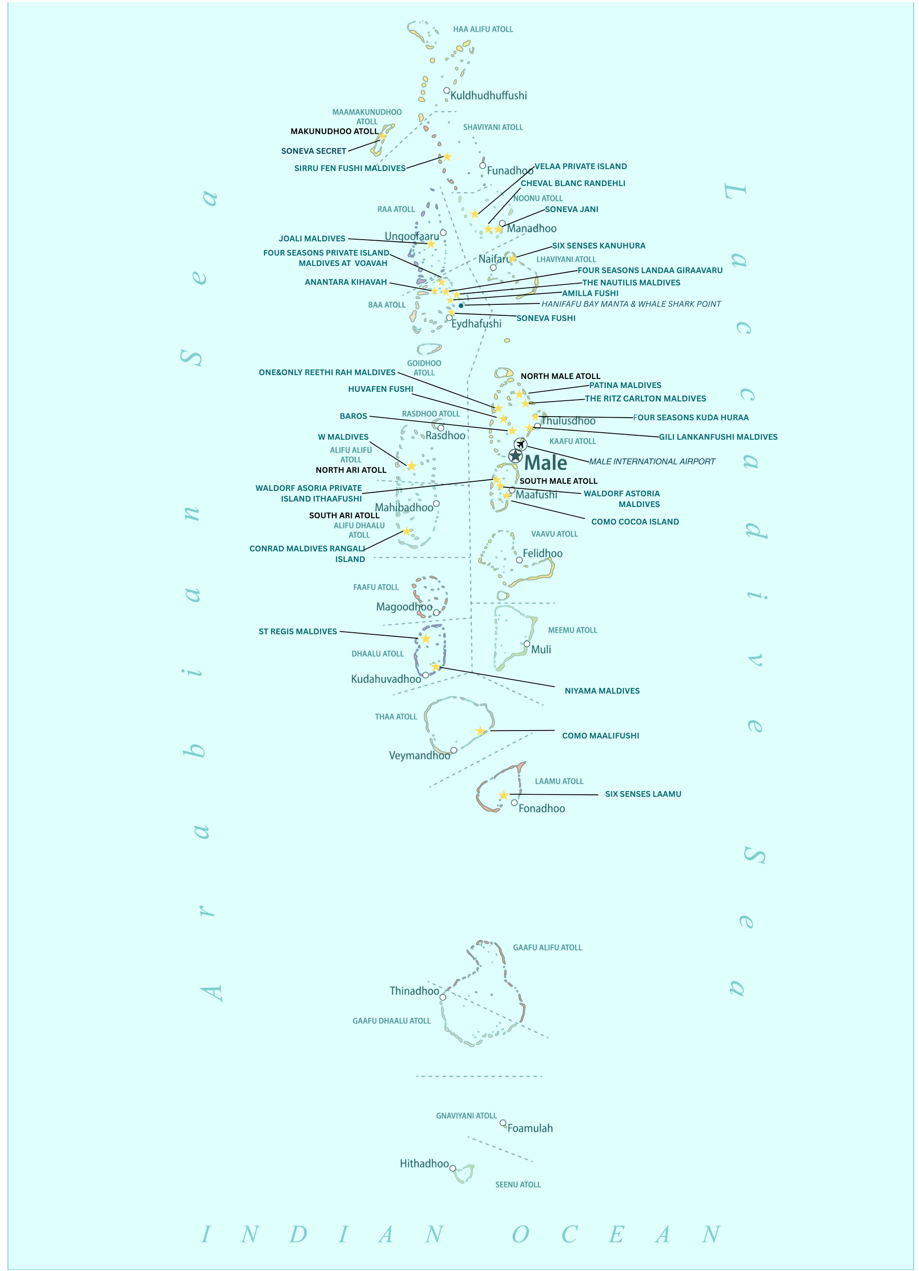 Map of Maldives showing Atolls and all Luxury Maldives Resorts