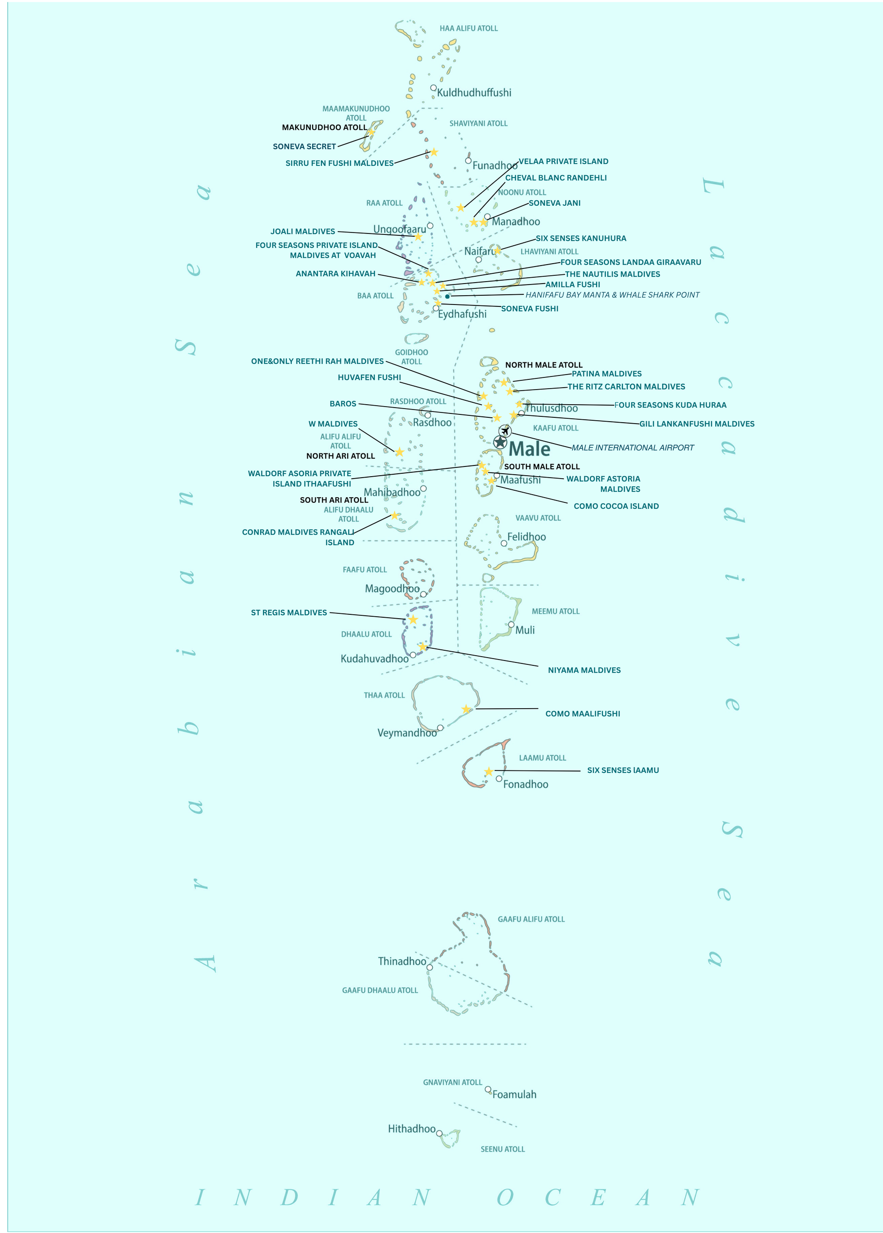 MAP OF THEE MALDIVES SHOWING ATOLLS AND RESORT LOCATIONS