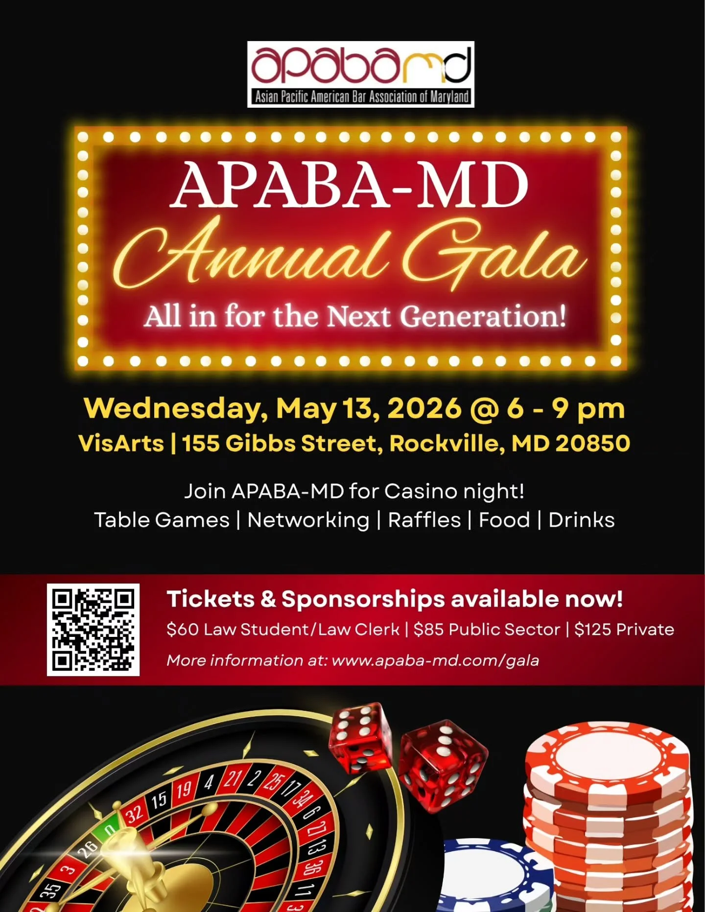 Please join the Asian Pacific American Bar Association of Maryland (APABA-MD) for our Annual Gala on Wednesday, May 13, 2026 from 6-9 PM at VisArts in Rockville, MD! 🎲

&hearts;️ Tickets and Sponsorship opportunities are available now
&clubs;️ Our A
