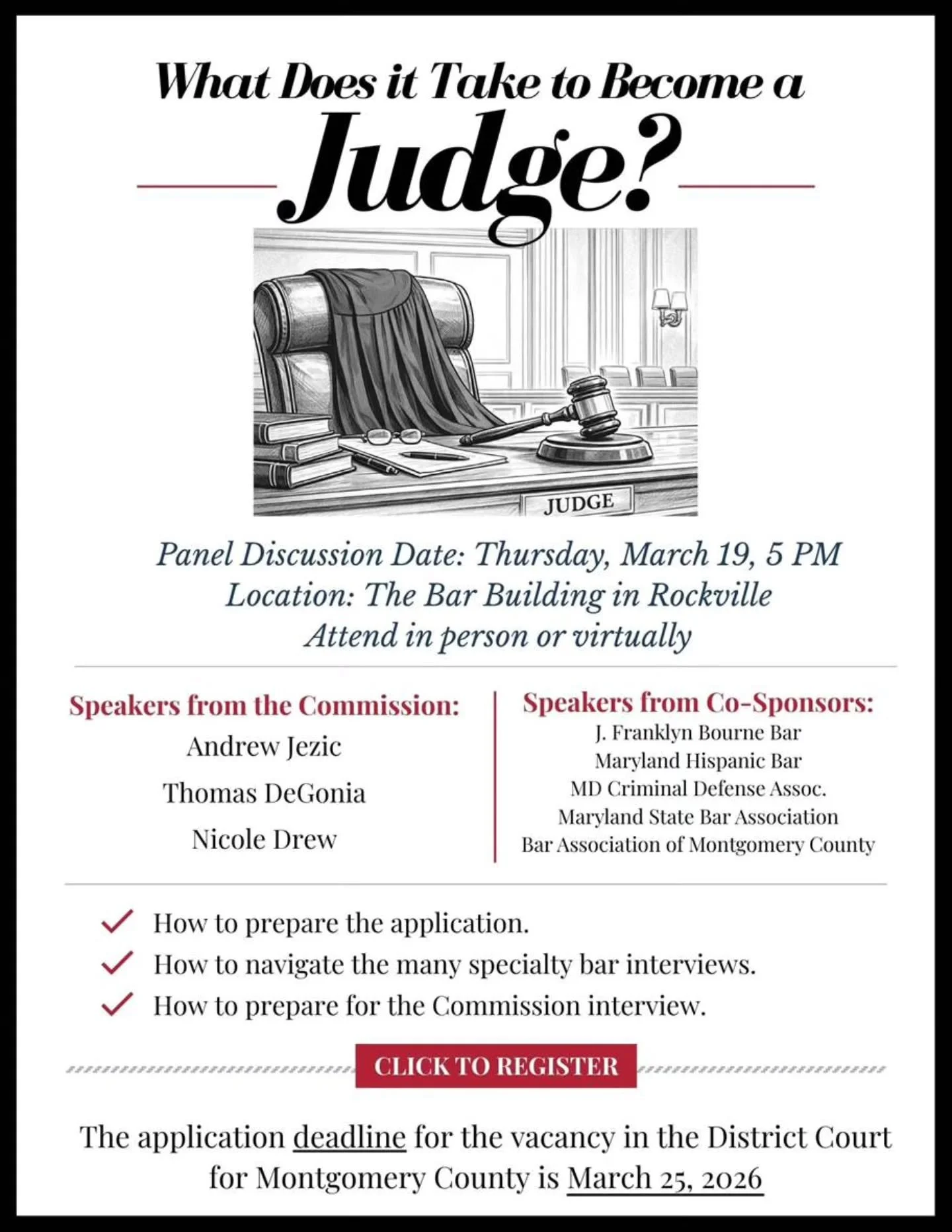 Interested in applying for a Maryland judgeship? ⚖️ 
Please attend the event above.