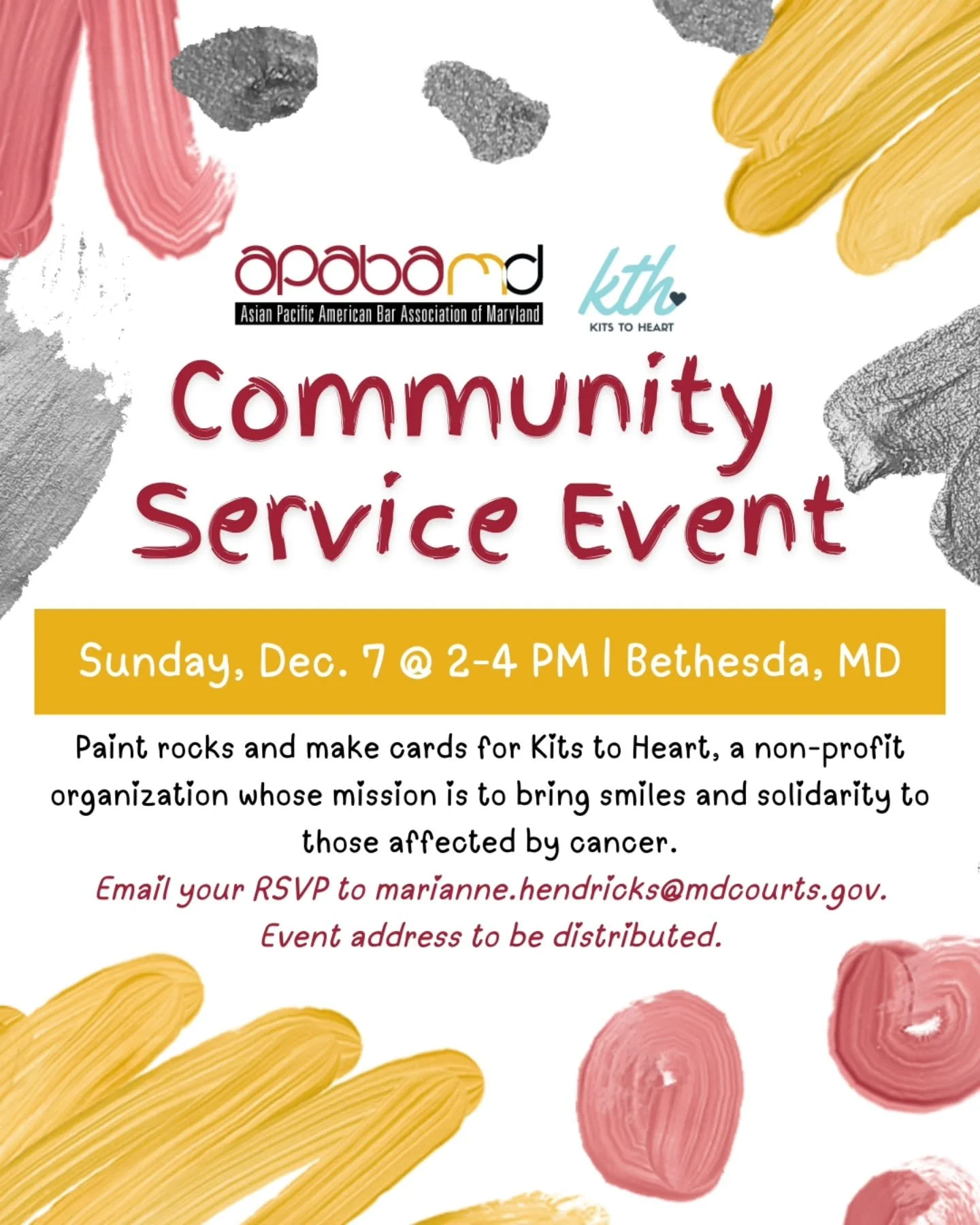 Paint rocks and make cards for Kits to Heart, a non-profit organization whose mission is to bring smiles and solidarity to those affected by cancer. 💌🖌

Email your RSVP to marianne.hendricks@mdcourts.gov.
Event address to be distributed.