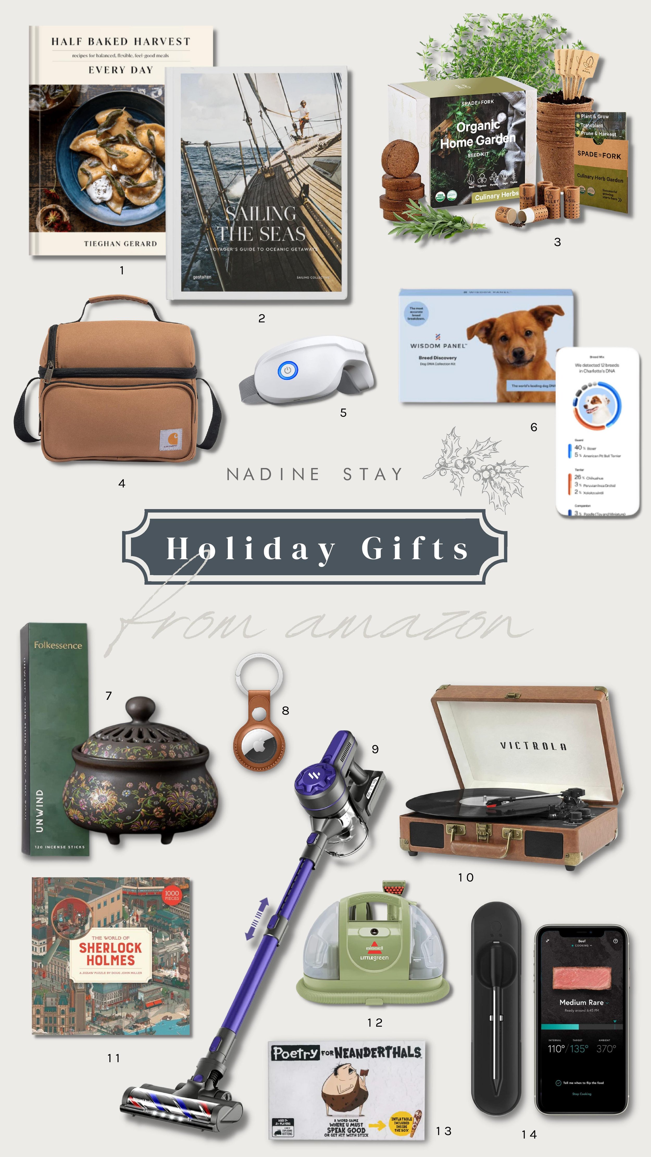 Holiday Gifts from Amazon - 14 Christmas gift ideas for him and her. Cookbook and adventure book. Indoor herb garden growing kit. Dog DNA test you can gift a dog lover. Budget friendly portable record player. Dyson stick vacuum dupe under $150.