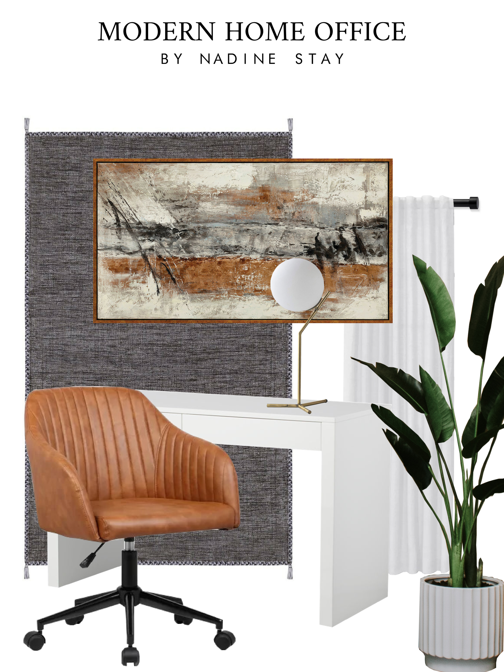Home office inspiration & game plan - Converting our guest bedroom into an office. Waterfall desk, leather office chairs, black rug, and a walnut mid century dresser. Styling an office by Nadine Stay