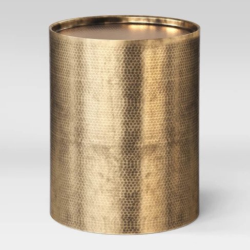 The High/Low List by Nadine Stay - Featuring Brass Accents. High end pieces and their (cheaper) twins. Brass home decor, furniture, and accessories. Hammered antique brass drum side table lamp from Target.