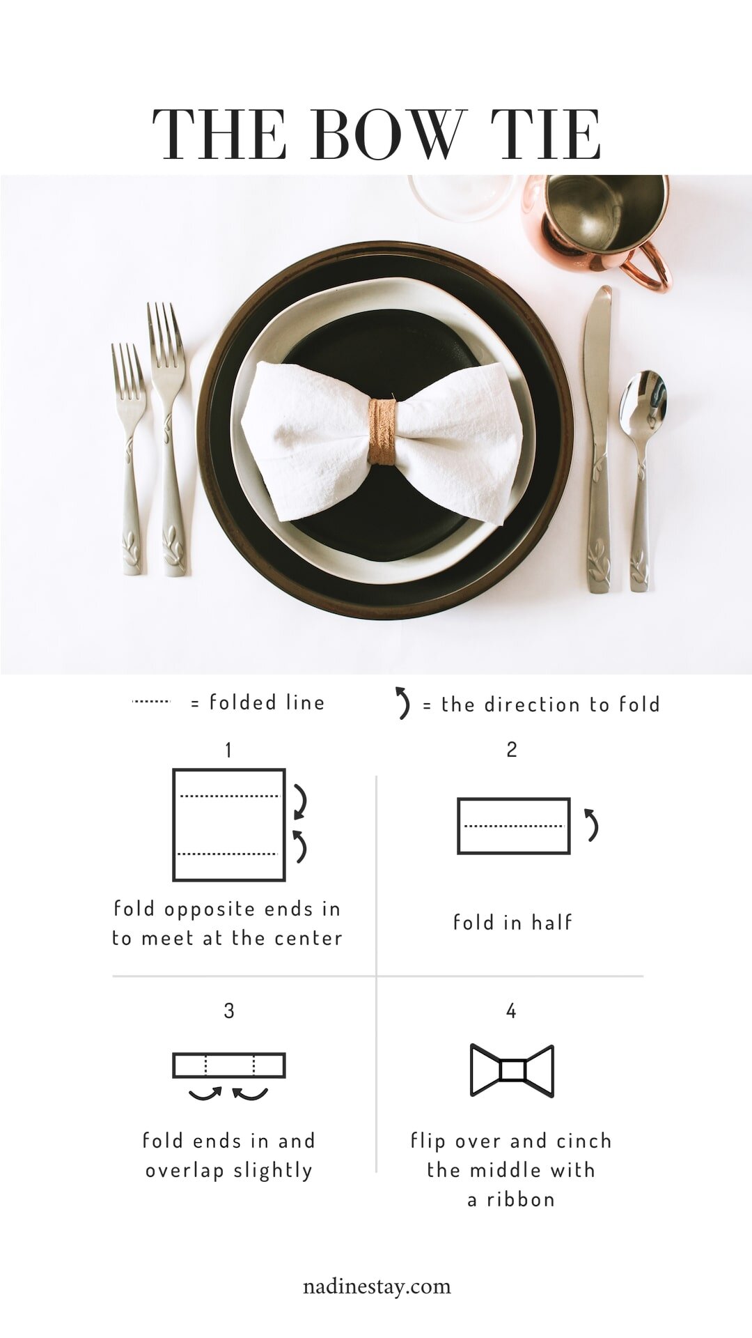 5 easy ways to fold a cloth napkin - place setting inspiration for weddings, birthdays, holidays, and events. Tablescape and table setting inspiration - The bow tie