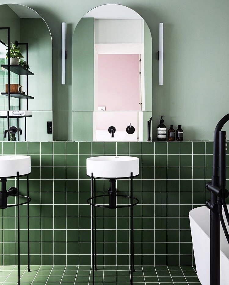Notable Things: Green - the gateway to color. Hunter green paint, wainscoting, tile, doors and decor are making us feel comfortable adding more color to our homes. My go to green paint and hunter green furniture, decor, and artwork. | Nadine Stay