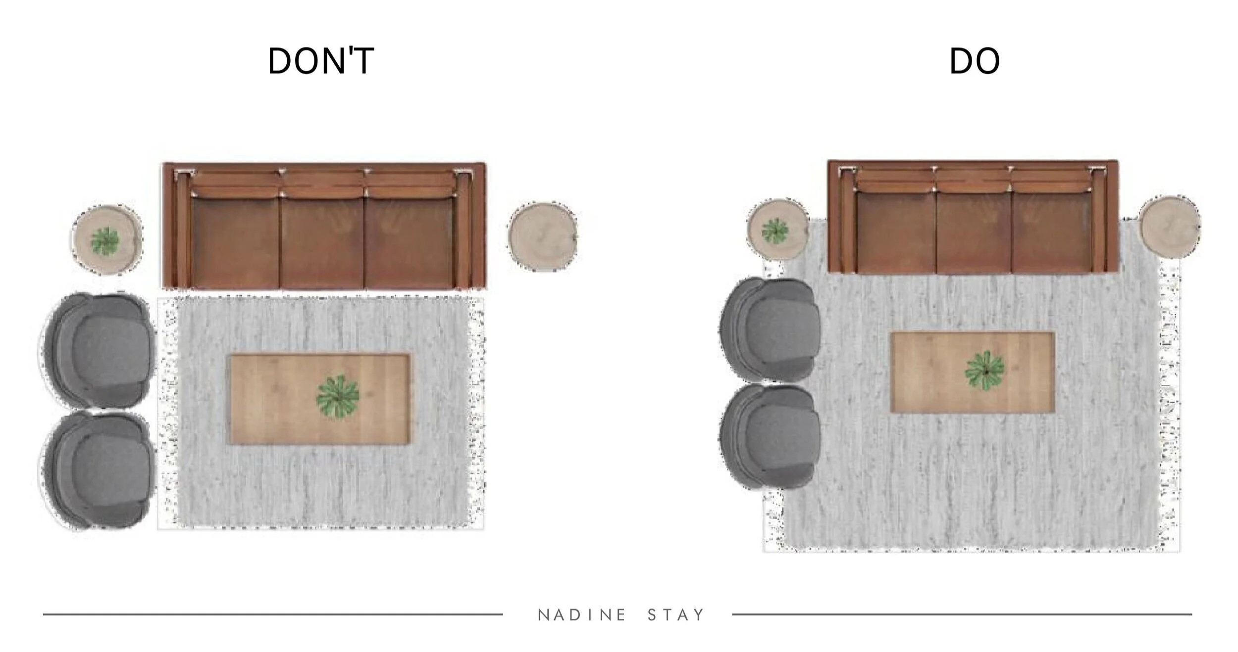 Rug Size Dilemma - My rug is too small for the furniture to sit on it. Rug size tips by Nadine Stay. Find the right size rug for your room or layer rugs to cover a larger space. | Nadine Stay