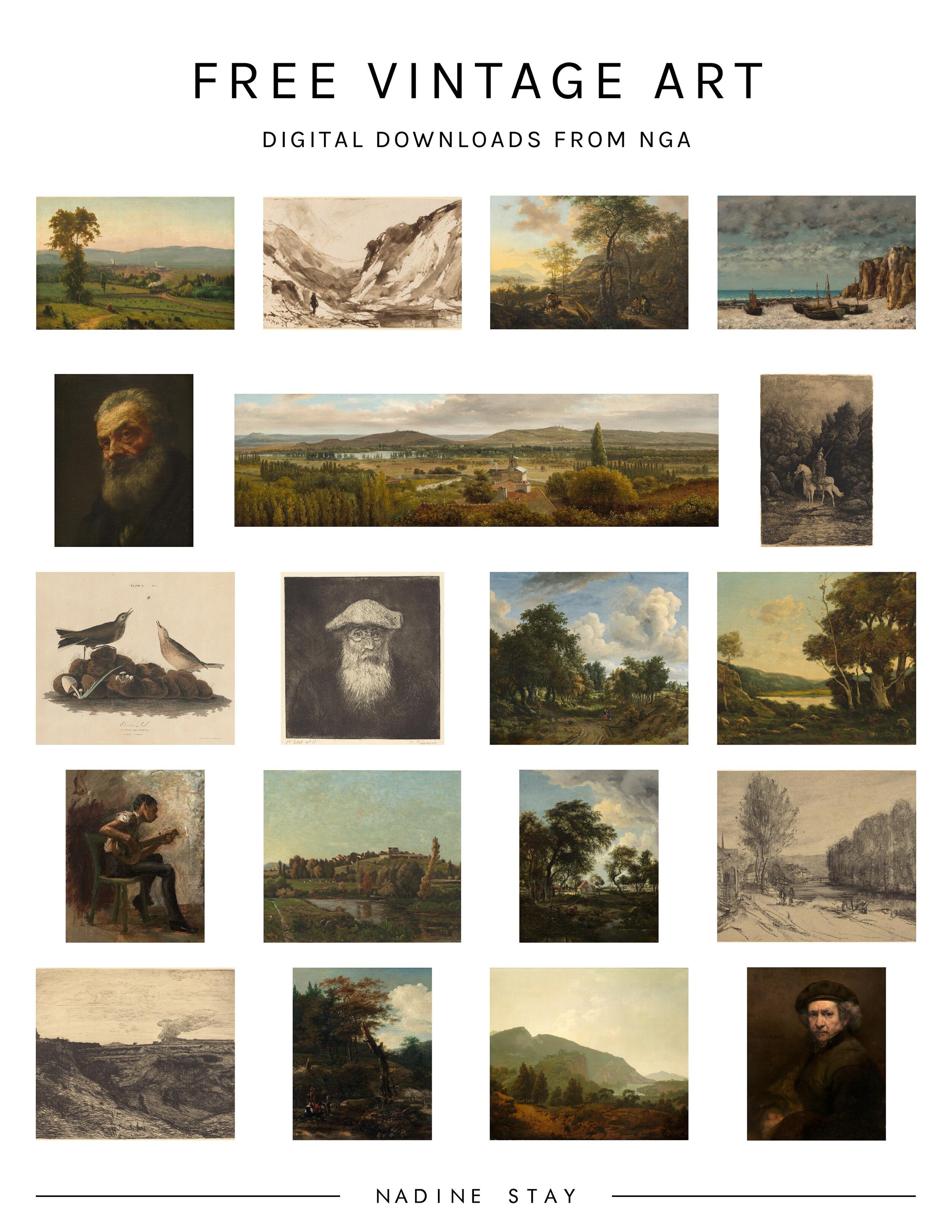 Free Vintage Artwork from the NGA. 19 free digital download oil paintings, watercolor prints, and line drawings. Vintage artwork freebie. | Nadine Stay