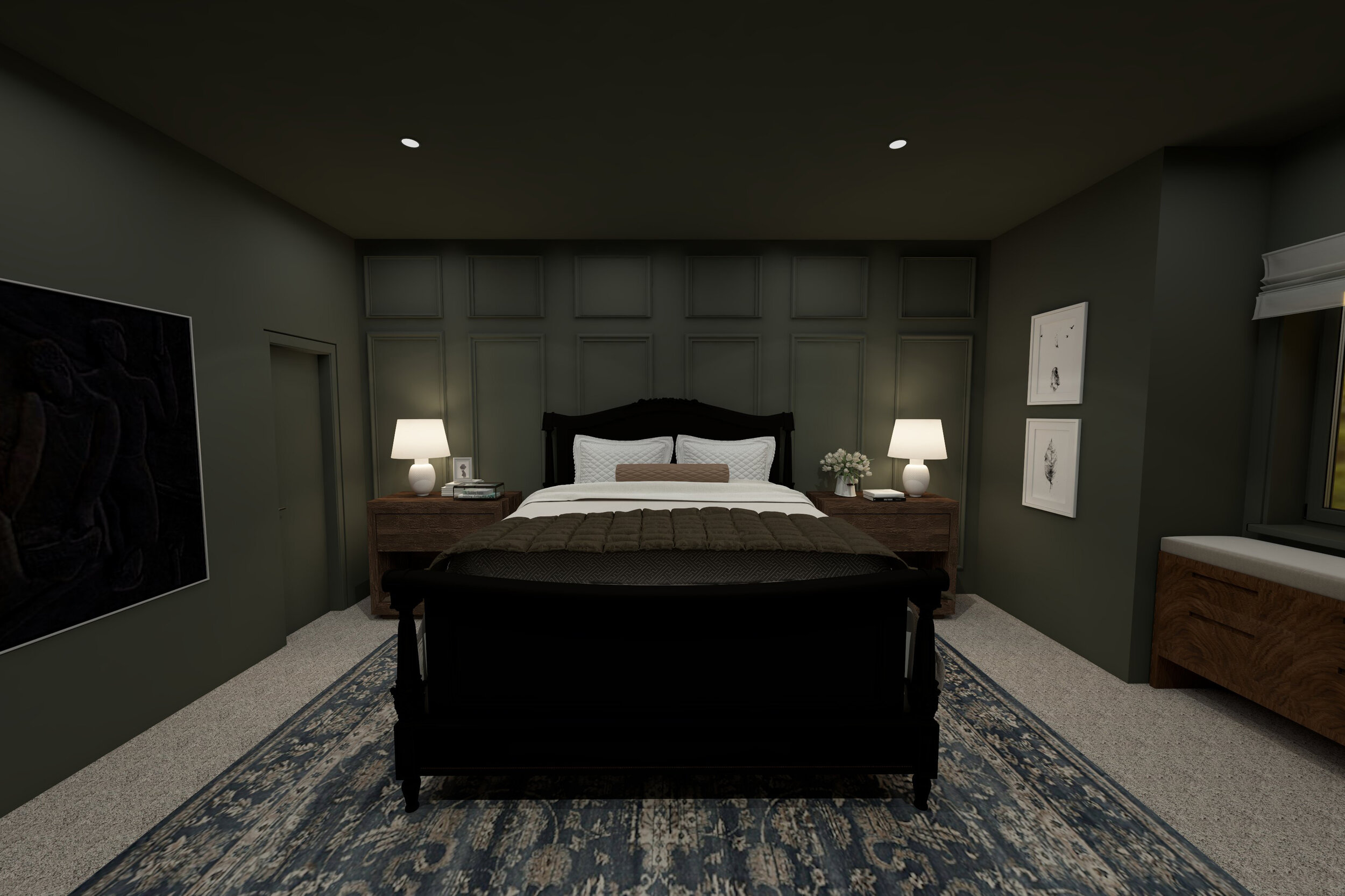 A Modern Traditional Bedroom Makeover (Virtual Rendering) | Nadine Stay - Moody green bedroom refresh with hunter green walls, persian rug, and a black wood headboard and footboard. Hunter green bedroom design with picture frame moldings on the feat…