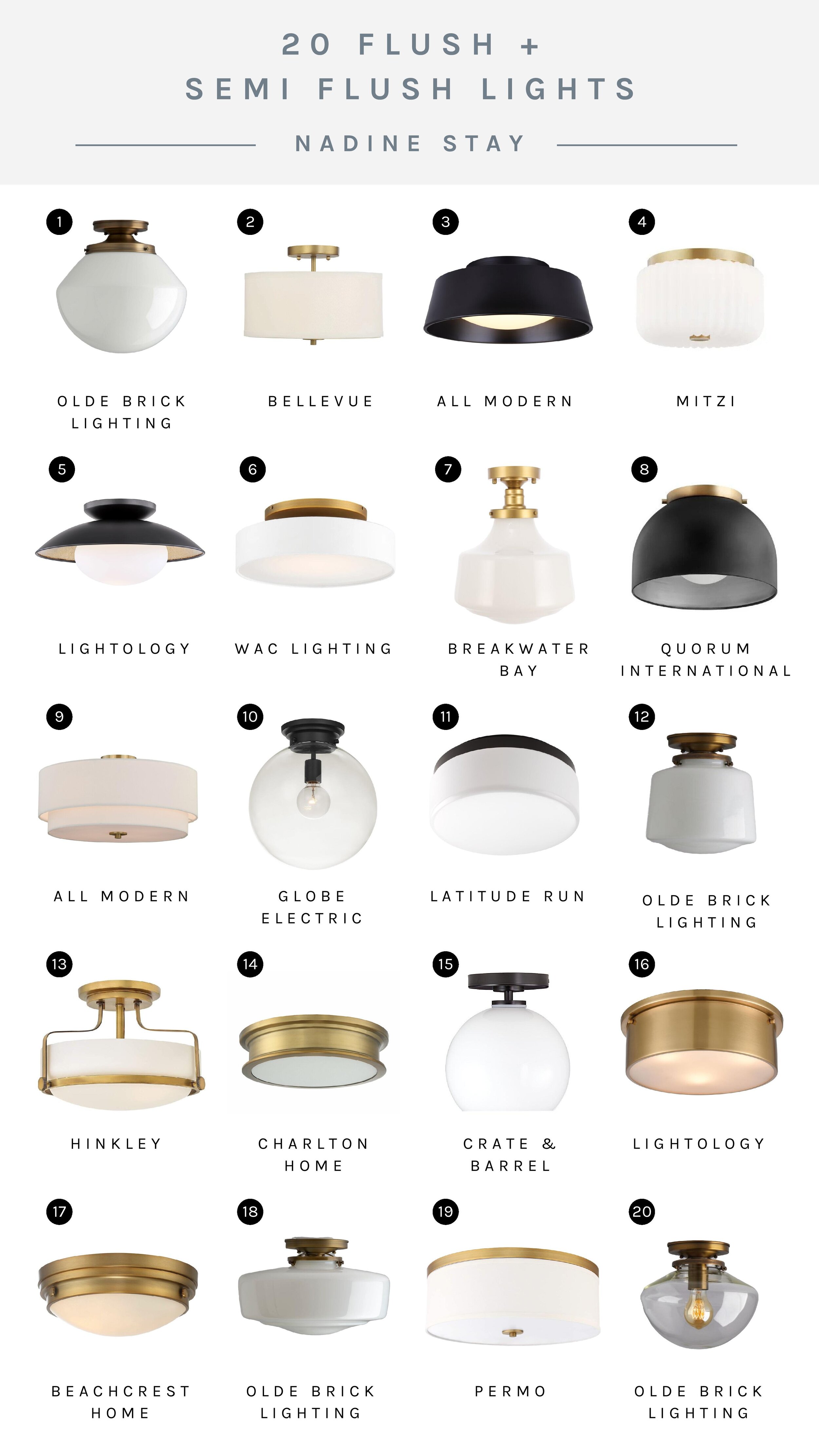 20 flush and semi-flush ceilings lights to replace your "boob lights." Black, brass, milk glass, and white ceiling light ideas and inspiration | Nadine Stay