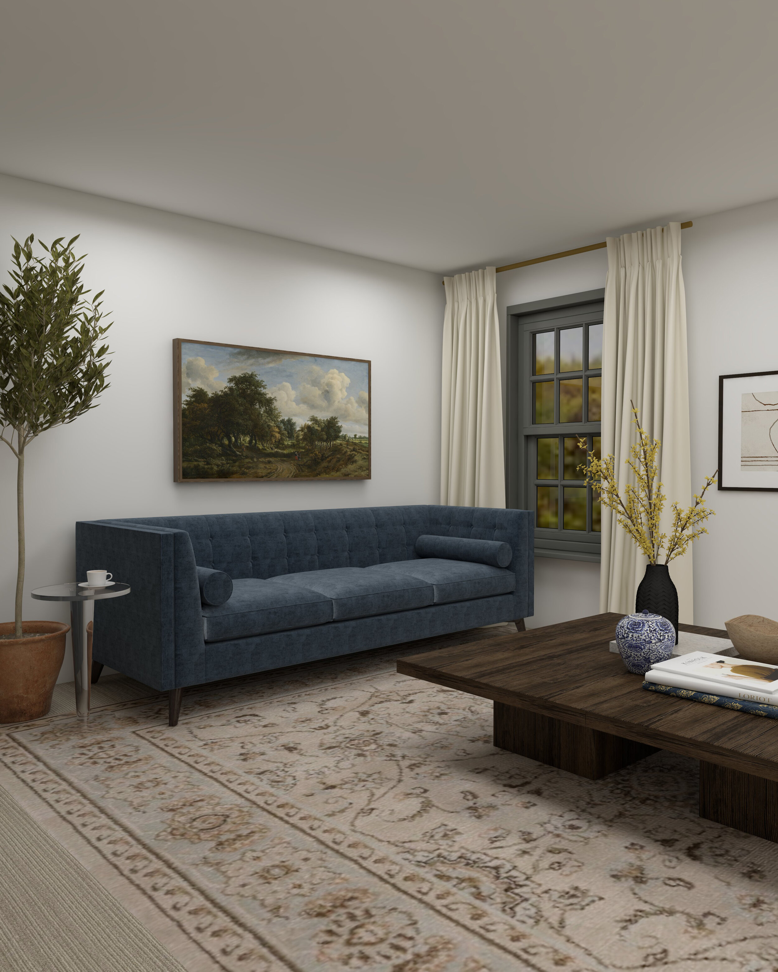 Reader Room Virtual Makeover - A cookie cutter living room makeover by Nadine Stay. Turning this basic living room into a bold and bright designer space. How to add personality to a builder grade home. Contrast trim and a rich blue and orange color …