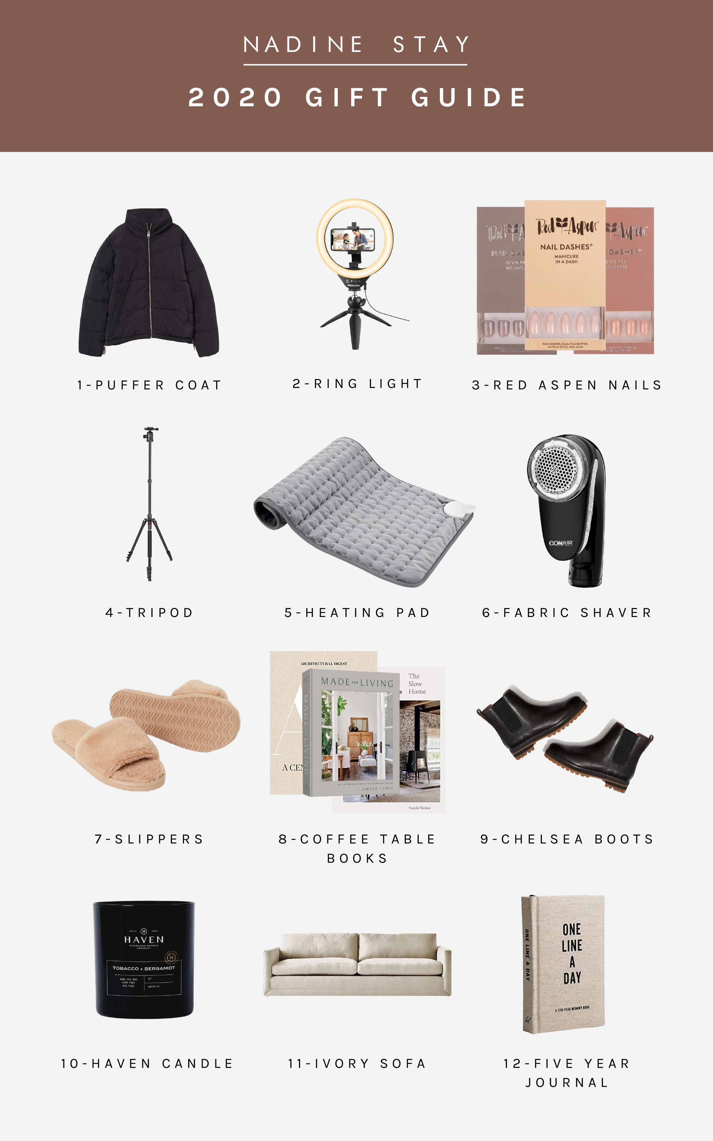 2020 Gift Guide (The Things I'm Wishing For This Christmas) - Nadine Stay | Black puffer coat, a ring light, press on nails, camera tripod, heating pad, fabric shaver, slippers, coffee table books, chelsea boots, haven candle co, ivory sofa from Mai…