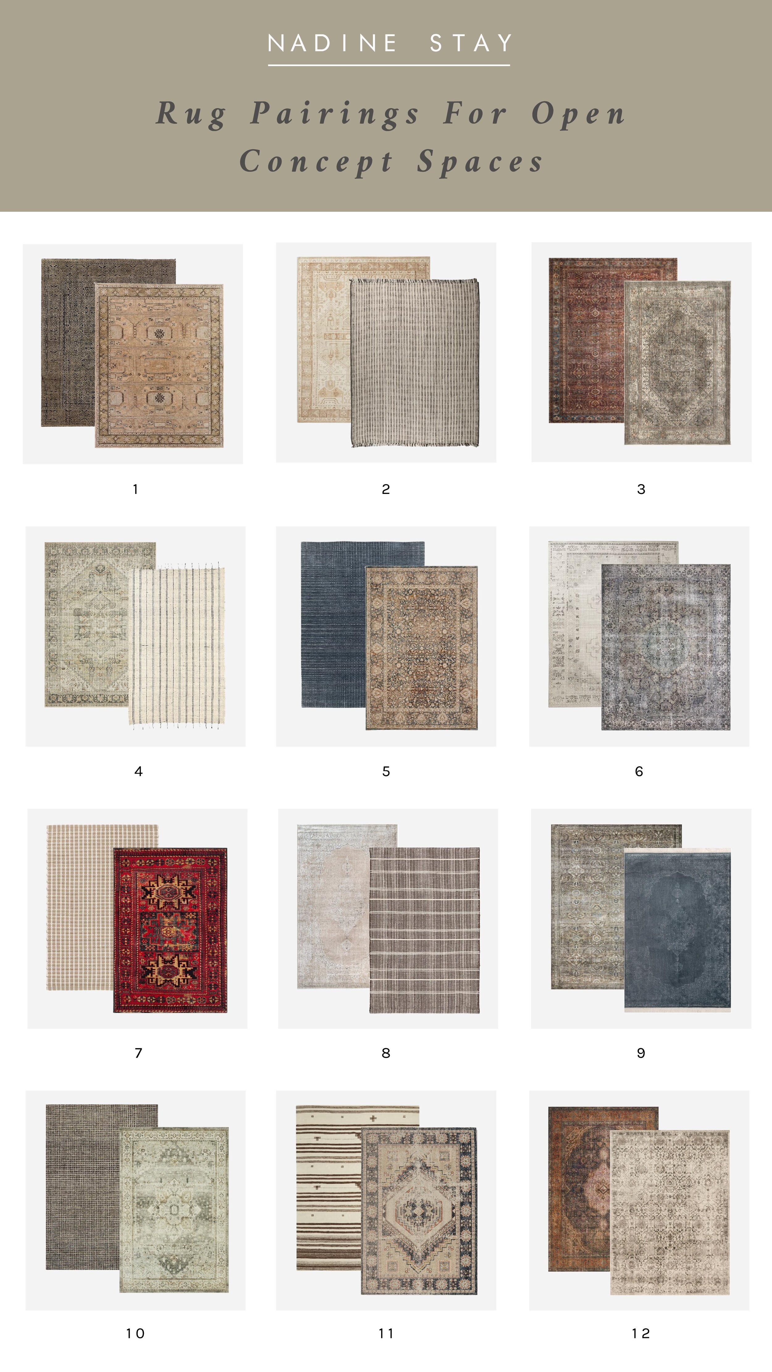 Rug pairings for open concept spaces. How to pick multiple rugs that correlate in an open concept home. Rug buying guide and rug tips by Nadine Stay. How to pair rugs in your home. | Nadine Stay
