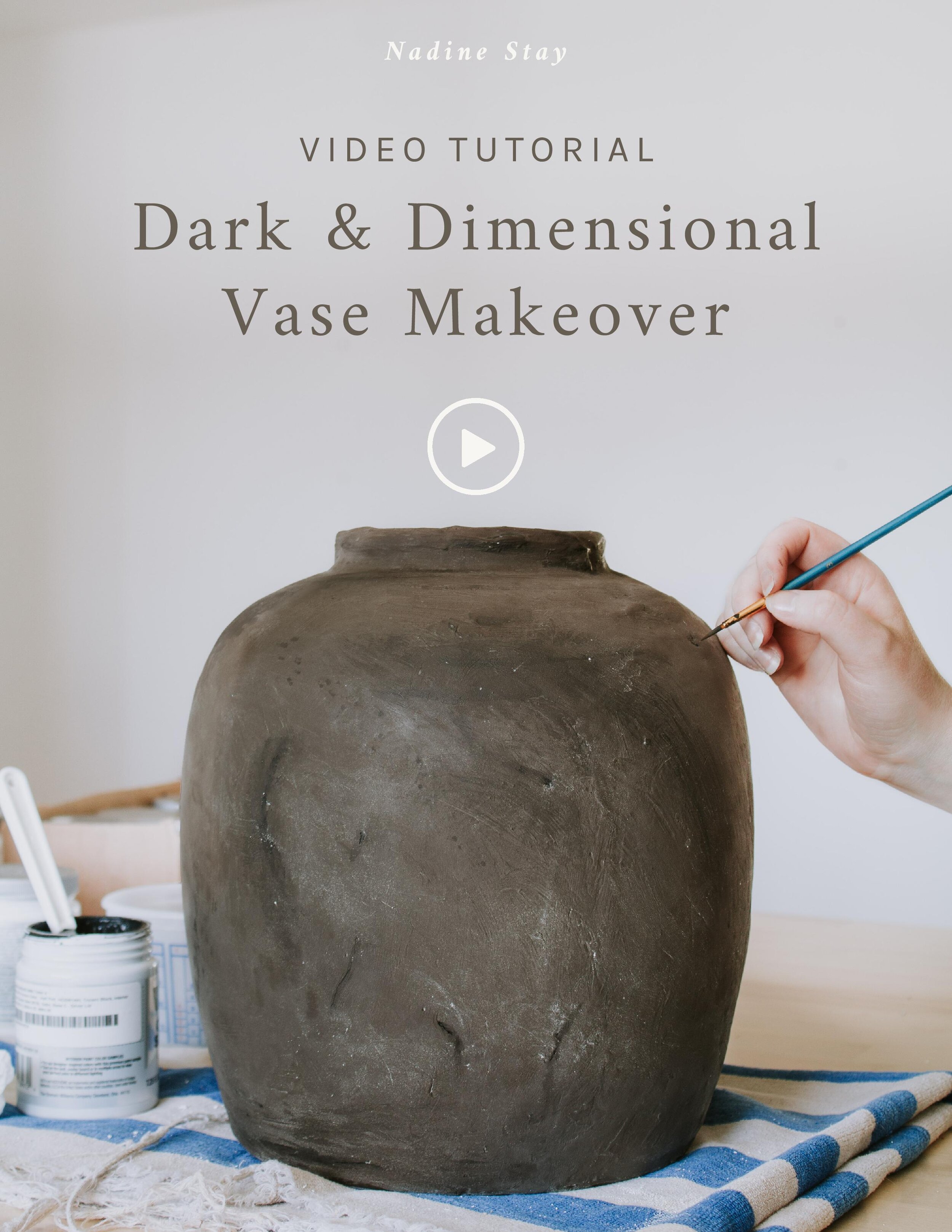 DIY Dark & Dimensional Aged Old World Pottery Makeover & Video Tutorial - How to make thrifted vases look old and vintage. Thrifted vase makeover with plaster and brown layered paint. Vase Makeover by Nadine Stay.