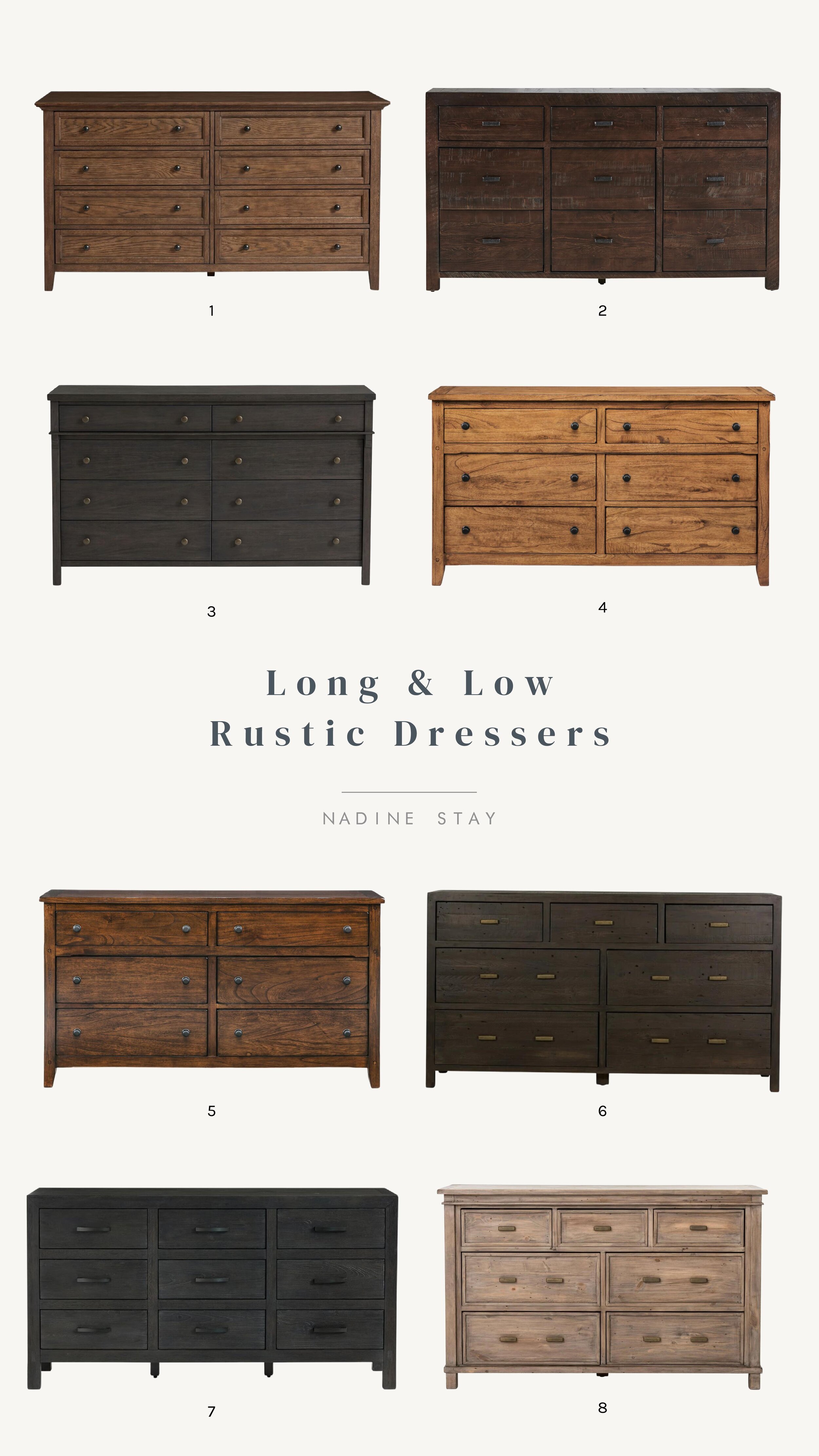 Long and Low Rustic Dresser Round Up | Nadine Stay - Wood dressers with inset drawers and wood knobs. Dresser sources for bedroom storage.