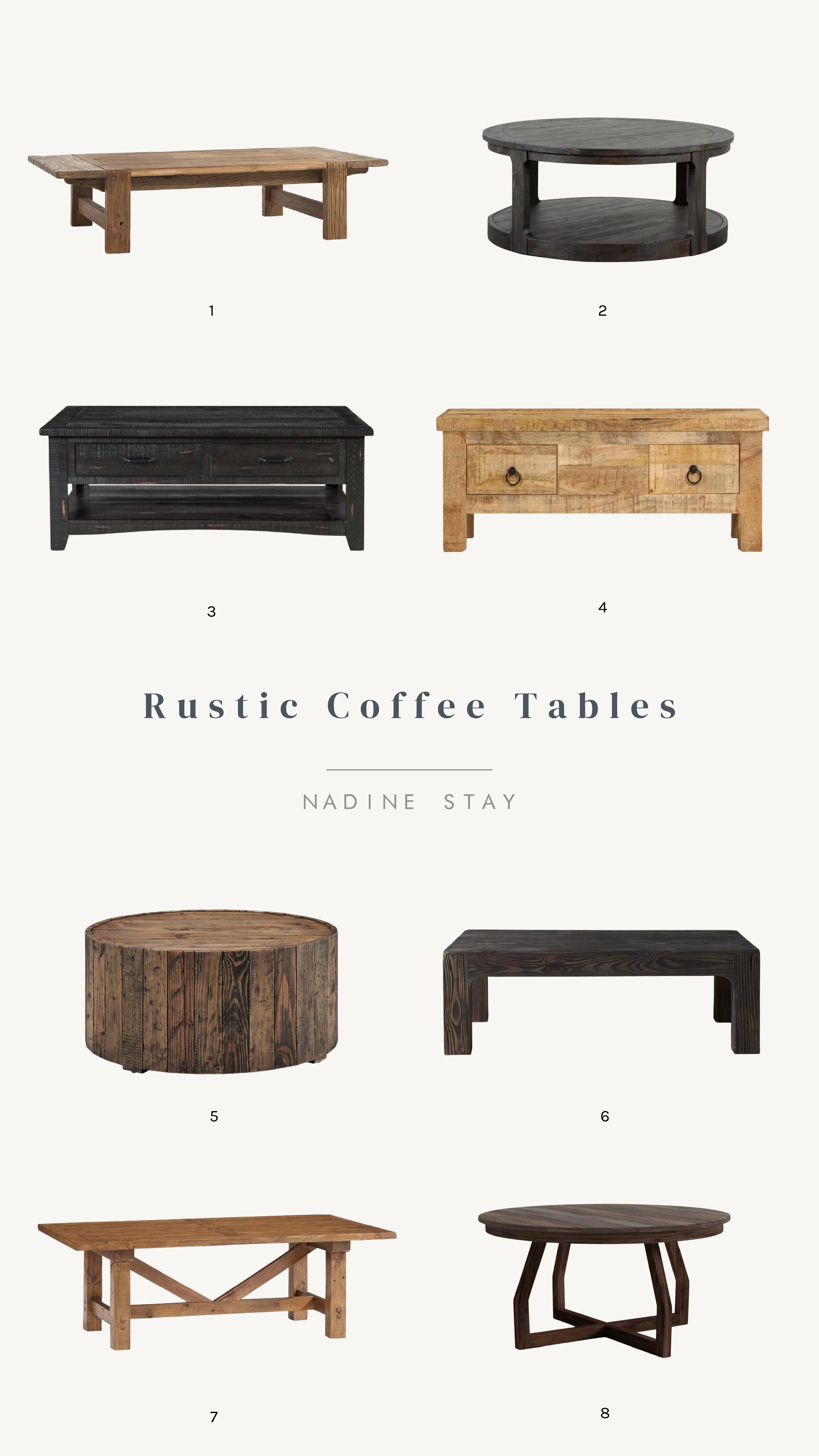 Rustic Coffee Tables for a cabin inspired living room. Weathered wood coffee table sources by Nadine Stay