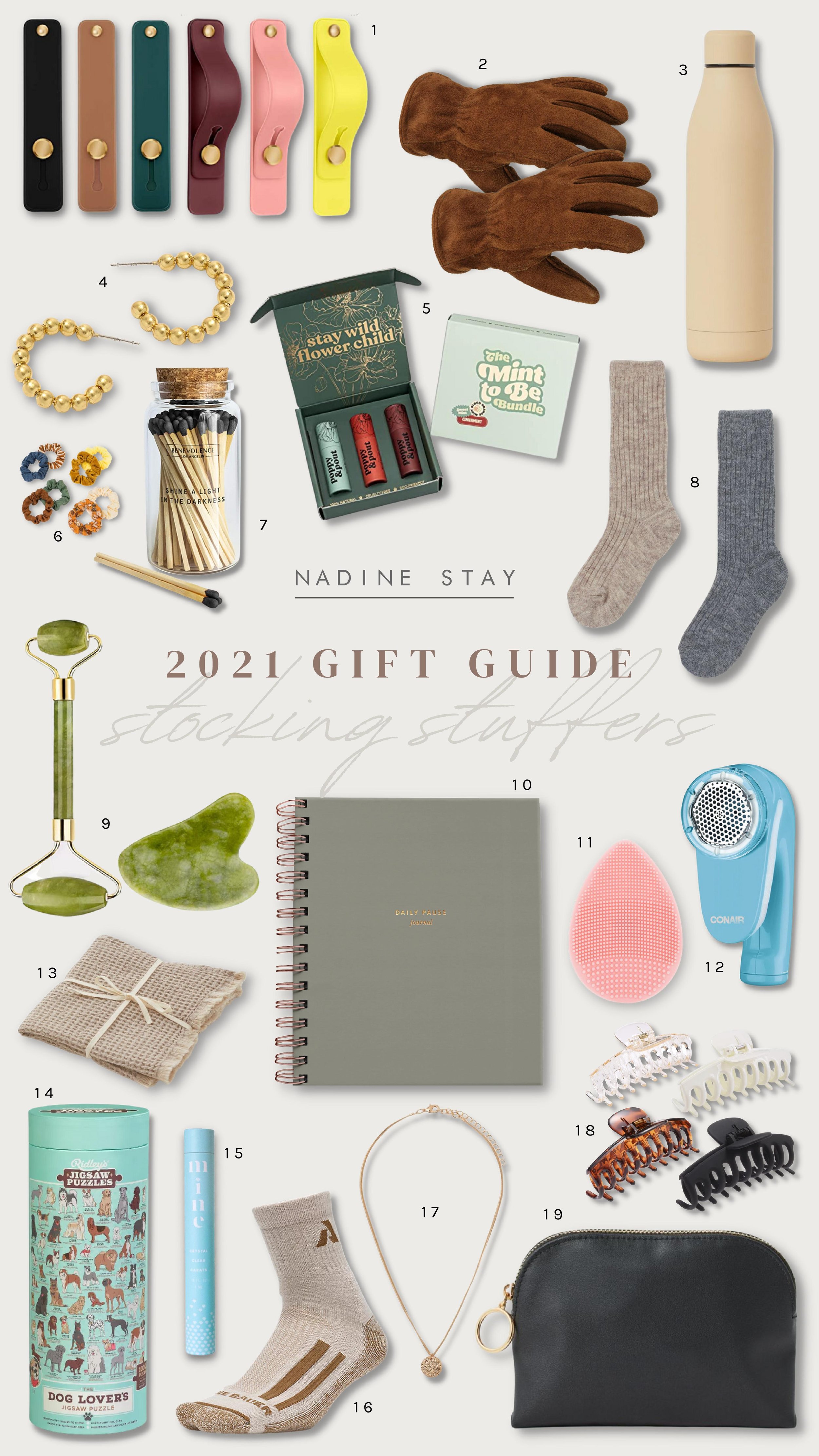 2021 Holiday Gift Guide: Stocking Stuffer Ideas | 19 gifts he or she will love. Accessories, socks, journal, skin care essentials, puzzle, jewelry, work gloves, and more gifts you can give him or her this Christmas. | Nadine Stay