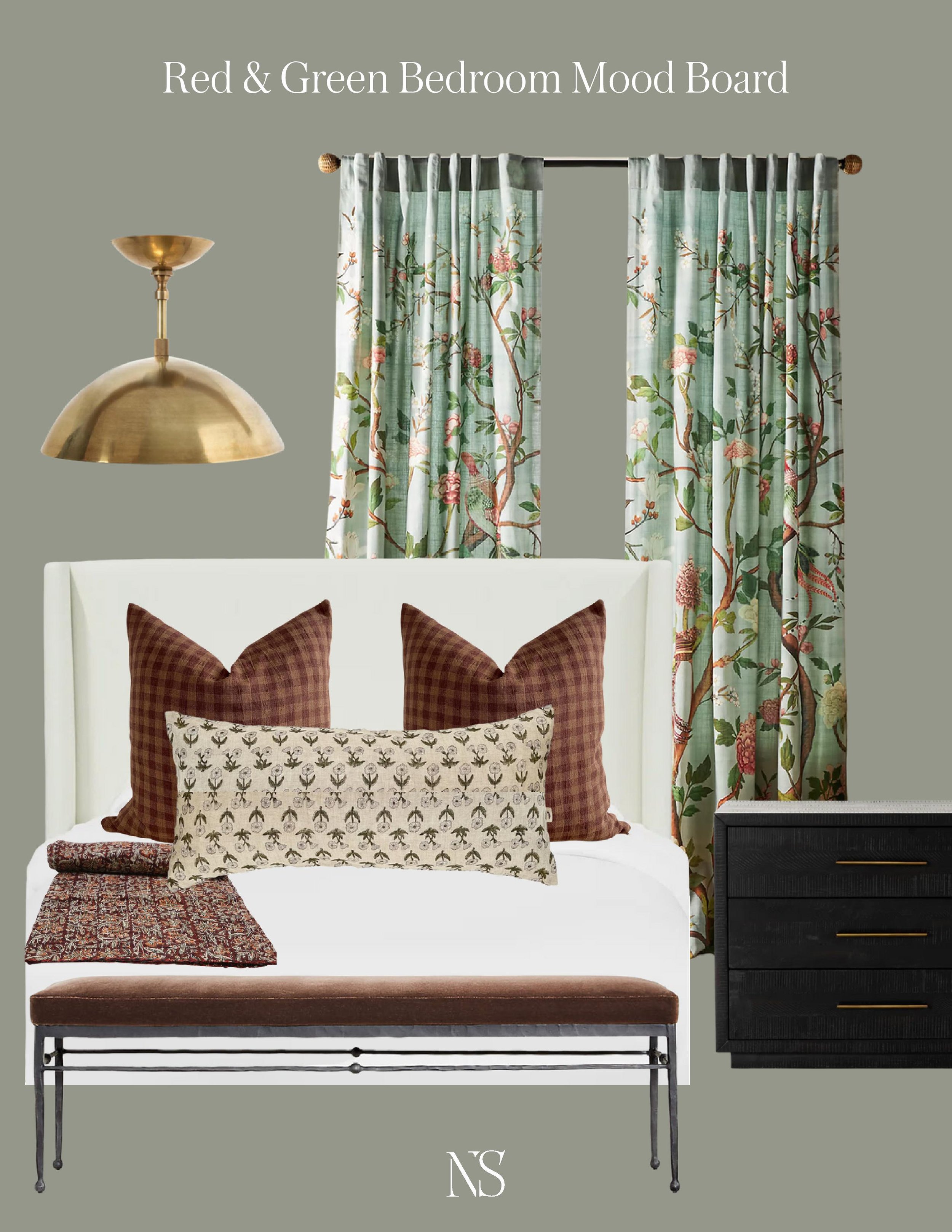 Red and green bedroom mood board makeover. Evergreen Fog by Sherwin Williams paint color. Green and red patterned curtains. Red kantha quilt. Brass flush mount light. Design by Nadine Stay