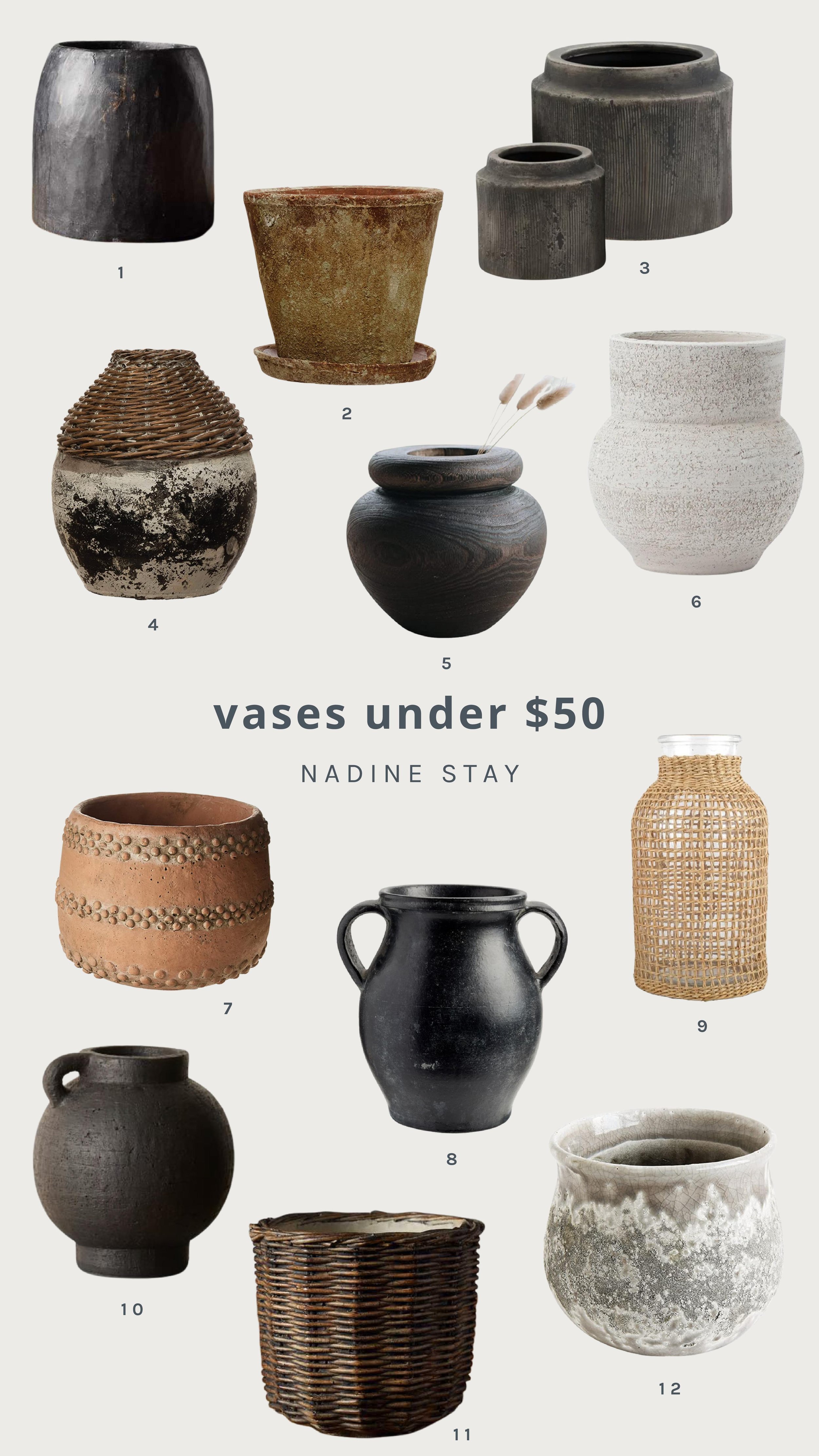 My Favorite Vases & Artisan Pottery Under $50 - Nadine Stay | Budget friendly antique vases, distressed pots, and handmade pottery. Where to find budget friendly old world vases?