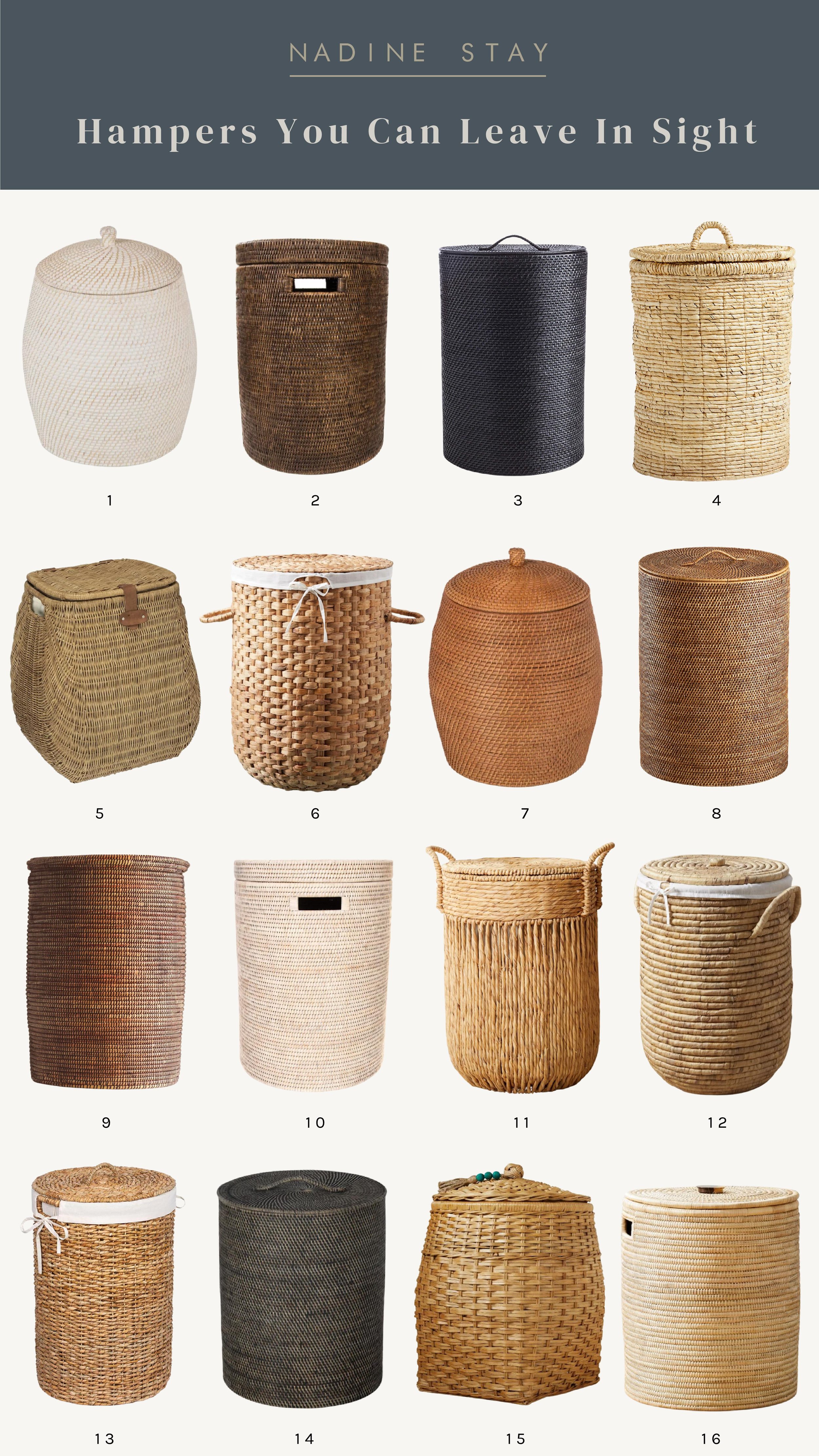 A roundup of my favorite woven hampers you can leave out in plain sight. Natural woven, dark brown, whitewashed, and black woven baskets with lids and handles. Laundry hampers for the bathroom, bedroom, and closet. | Nadine Stay