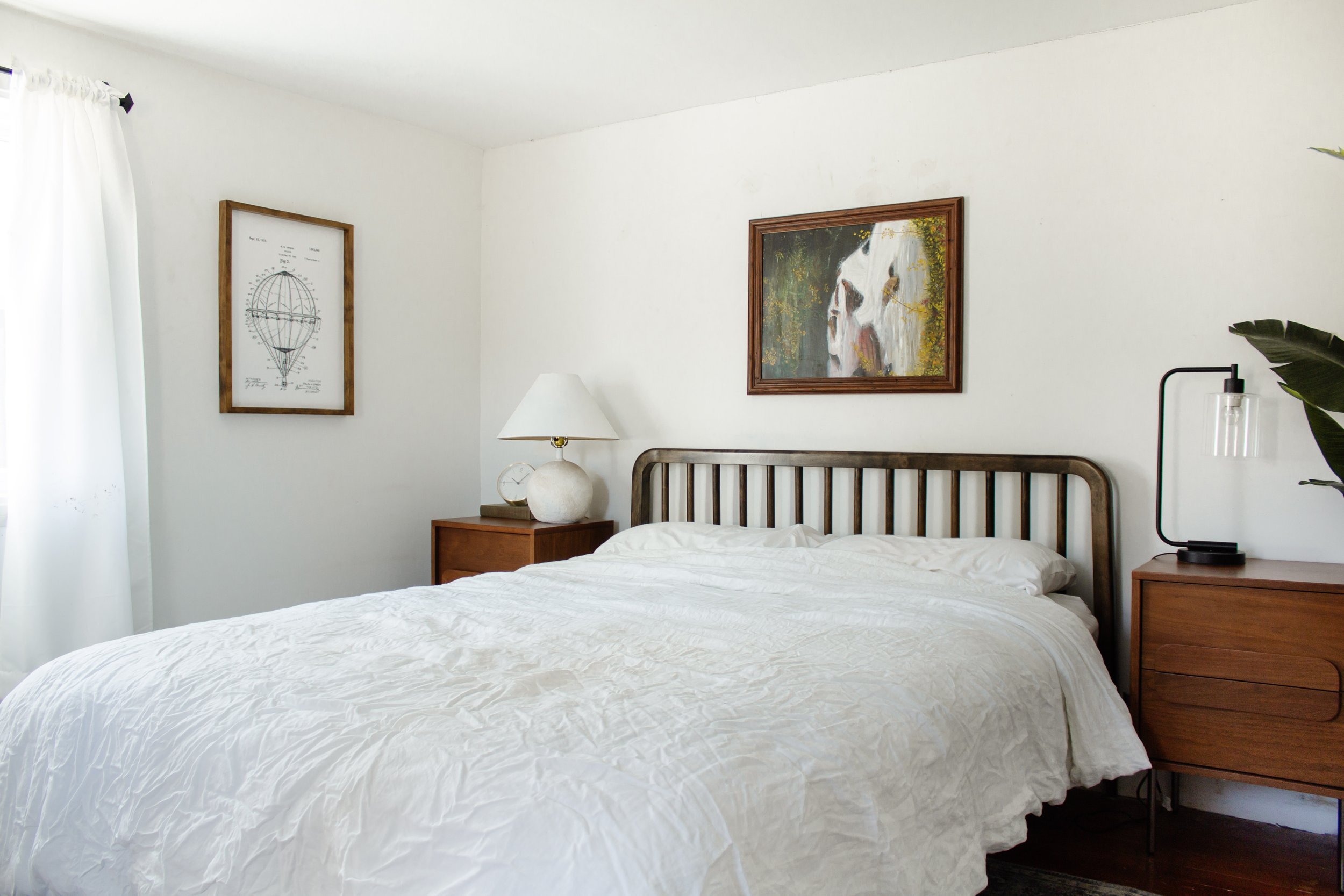 BEFORE | Primary bedroom remodel and makeover. How we turned our tiny bedroom with low ceilings into a cabin oasis. Wood plank ceiling. Vertical shiplap vertical plank walls. Cabin bedroom. California casual bedroom. Bifold door makeover. Nadine Stay