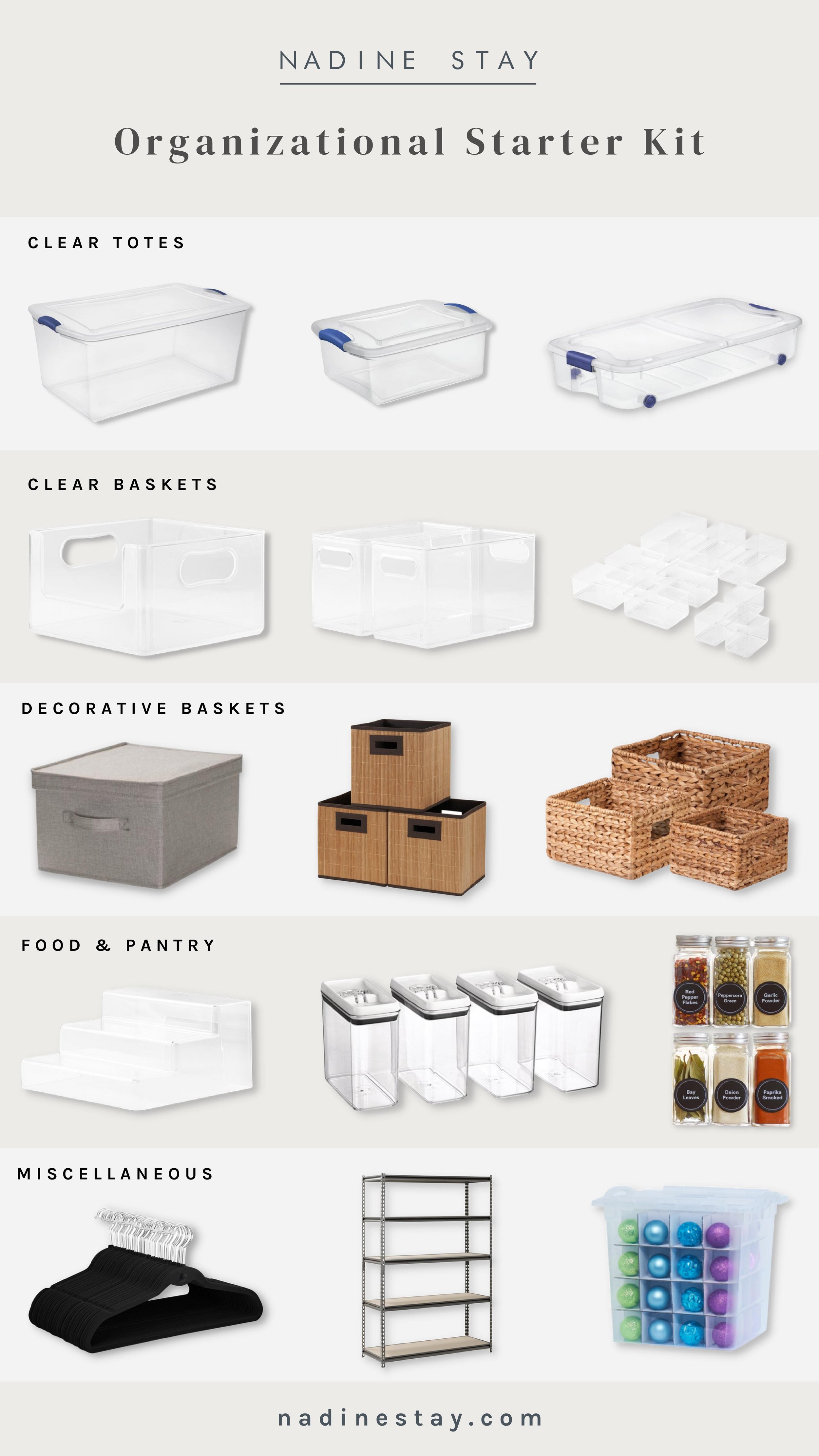 Organizational Starter Kit - All the totes, baskets, and storage containers you need to get your house, basement, closets, shelves, and pantry in order. Organization tips by Nadine Stay