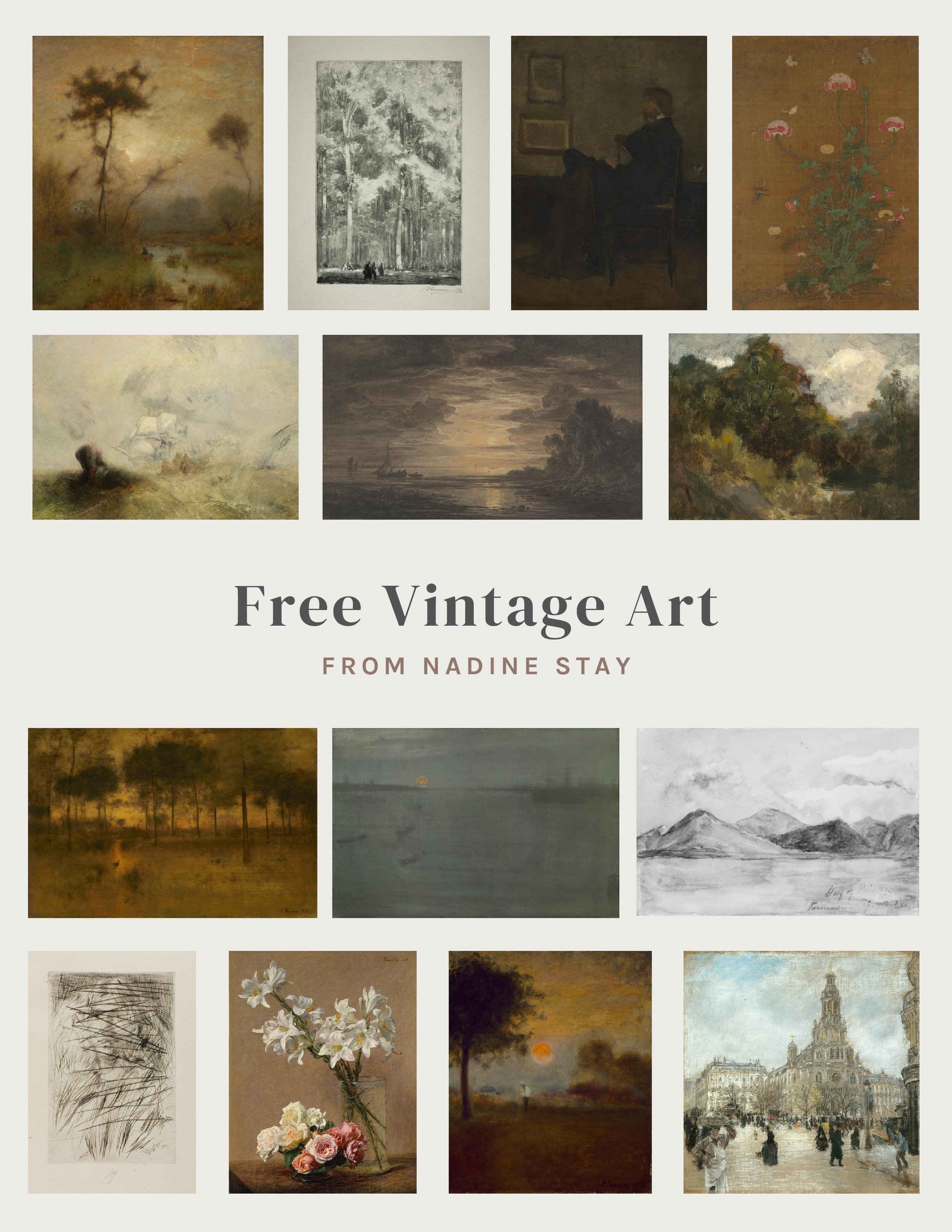 14 free vintage art digital downloads from Nadine Stay | Vintage prints you can download for free. Free moody art and sketches. Free landscapes, portraits, still life, graphite drawings, and paintings at nadinestay.com. Free art! | Nadine Stay