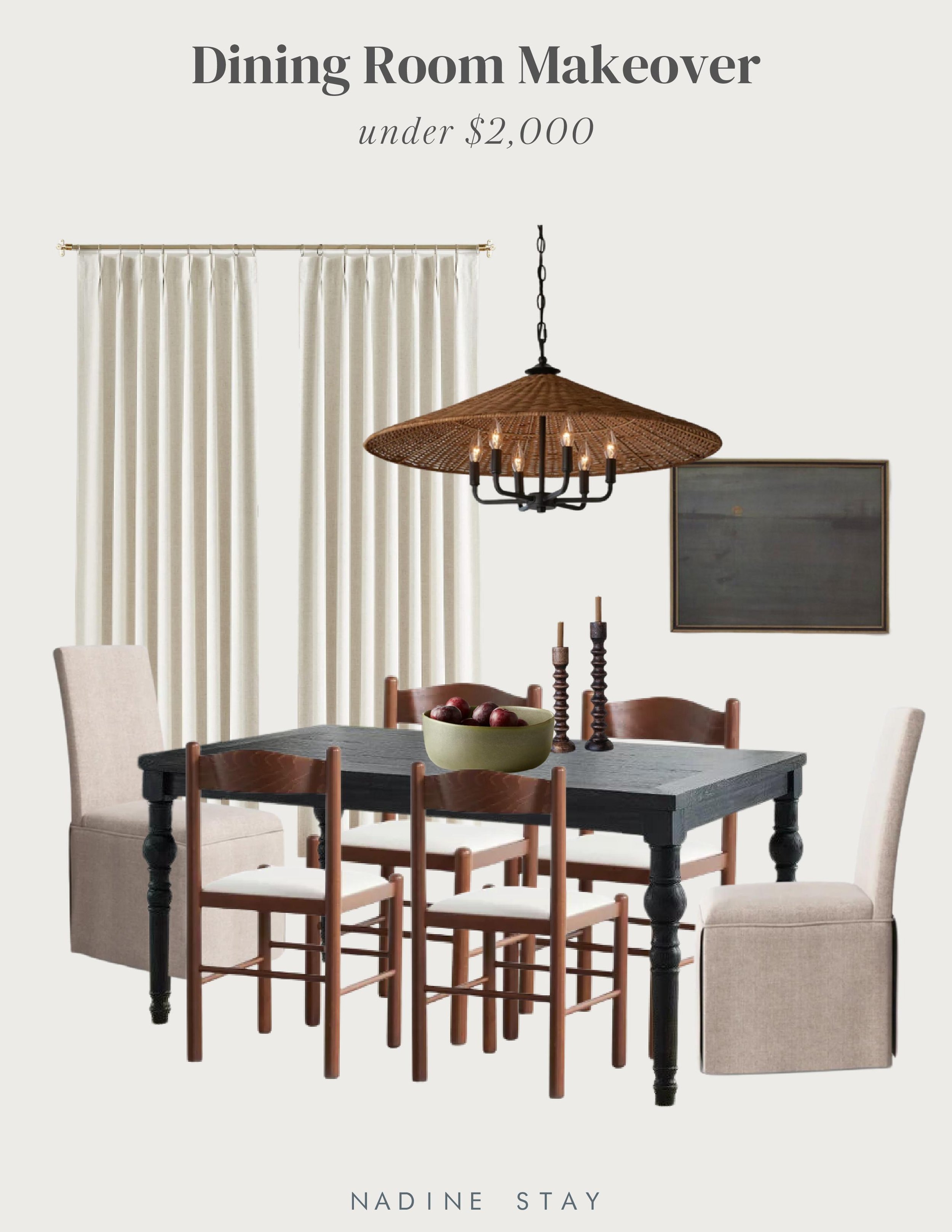 Dining room makeover under $2,000 | How to give your dining room a budget friendly refresh. Black dining table with wood shaker chairs and upholstered parsons chairs. Rattan chandelier and budget friendly pinch pleated curtains. | Nadine Stay