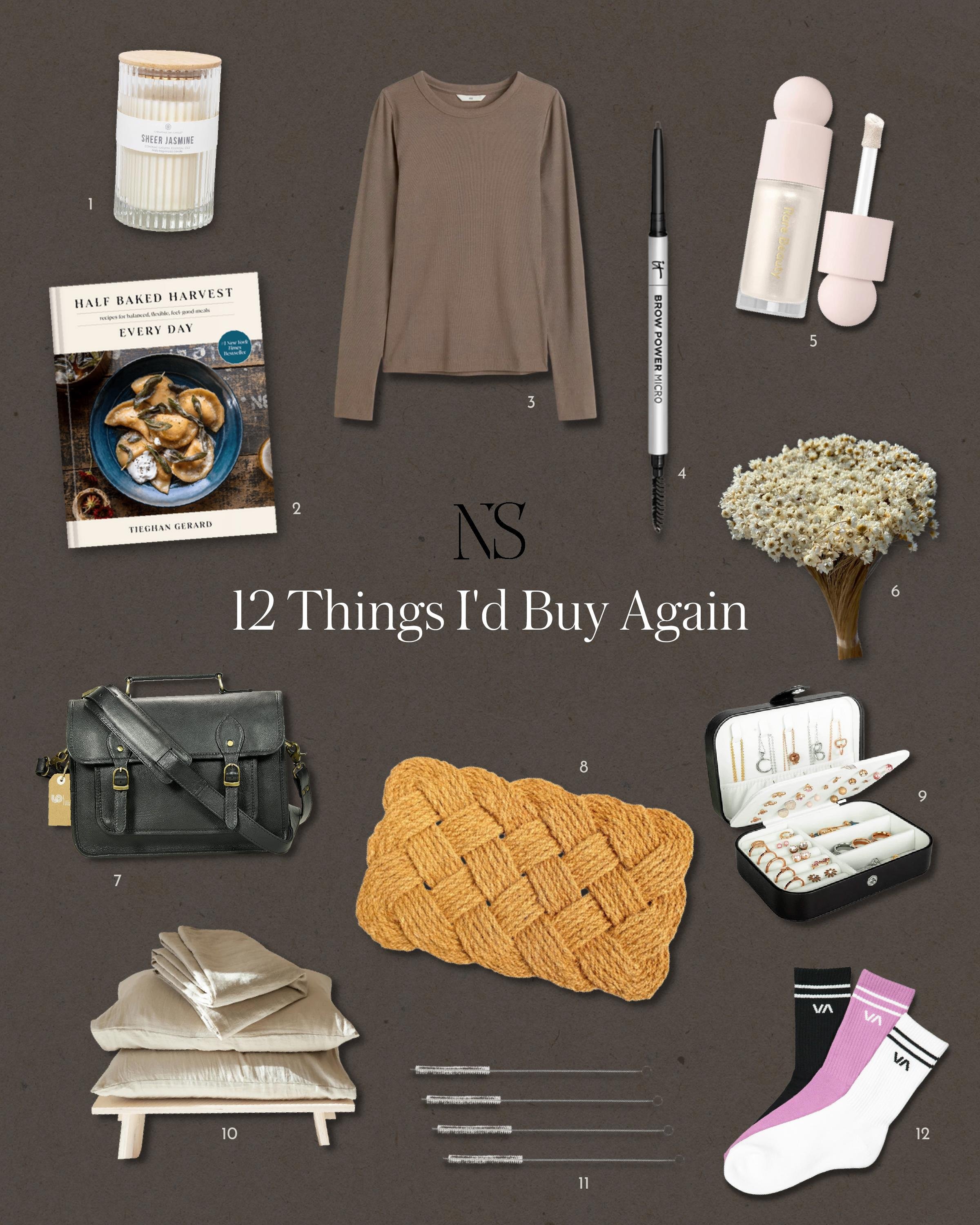 12 Things I'd Buy Again | The prettiest ribbed glass candle. Crew neck long sleeve tees I love. My go to eyebrow pencil. The liquid highlighter I recommend. Jewelry travel case. Linen bedding I love. | Nadine Stay
