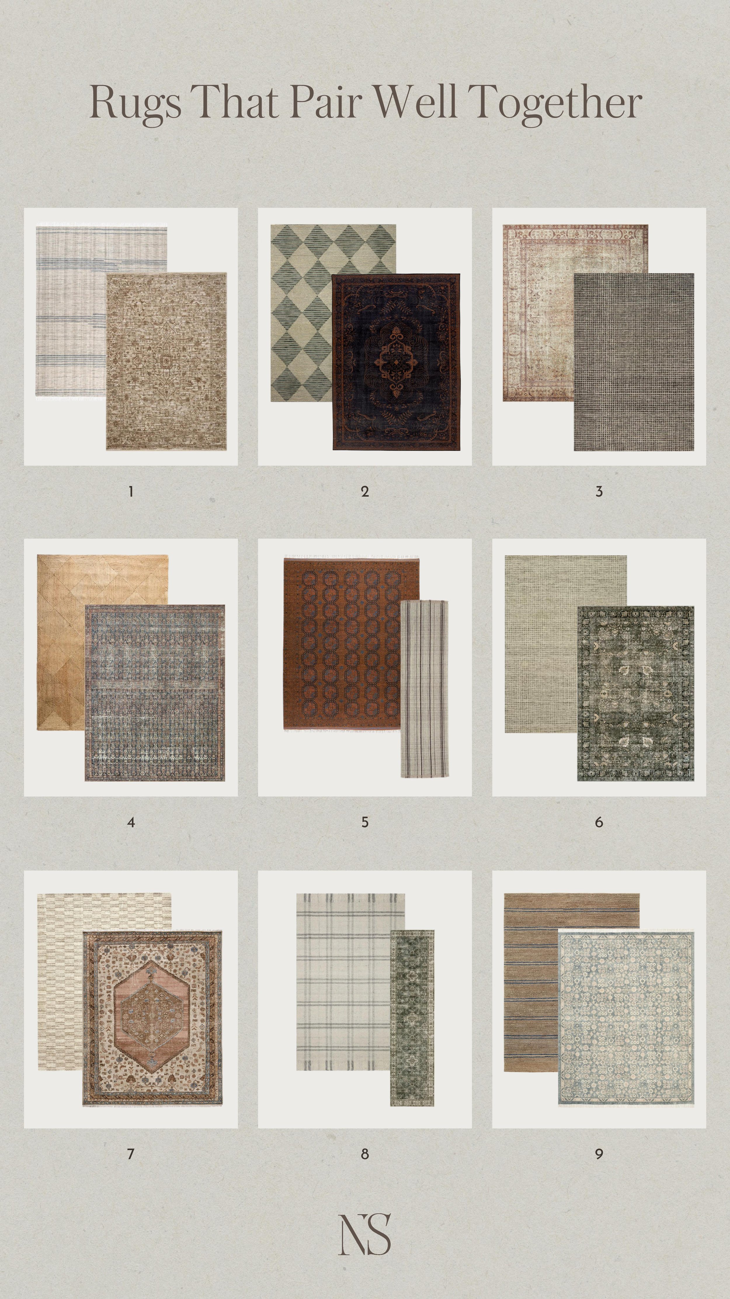 18 rugs that pair well together. How to pick multiple rugs for an open concept space. How to pair rugs that compliment each other. How to mix and match patterned rugs. Rugs that look good together Blue and brown, green and peach rugs | Nadine Stay