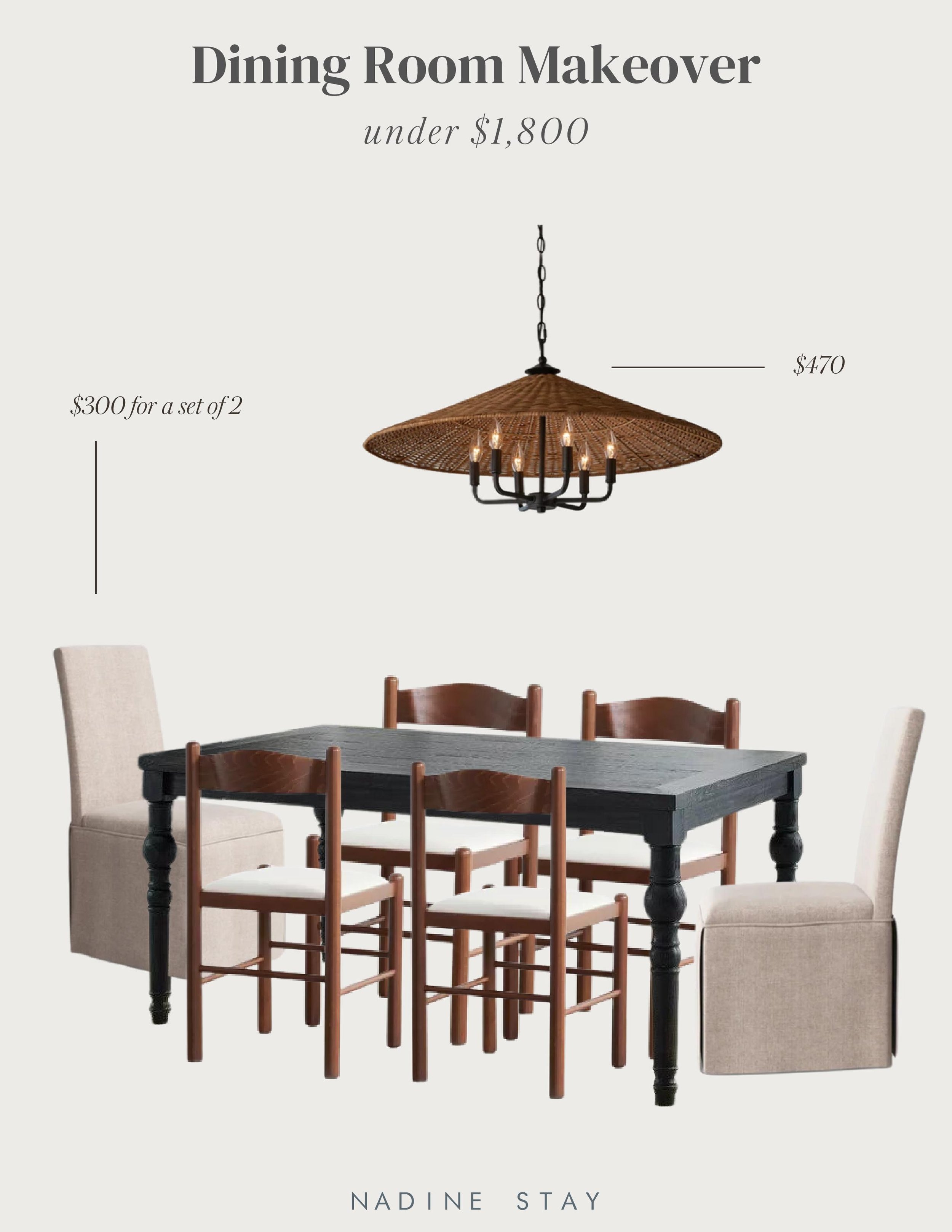 Dining room makeover under $1,800 | How to give your dining room a budget friendly refresh. Black dining table with wood shaker chairs. Dining table under $500. Dining chairs under $300. Rattan chandelier. | Nadine Stay