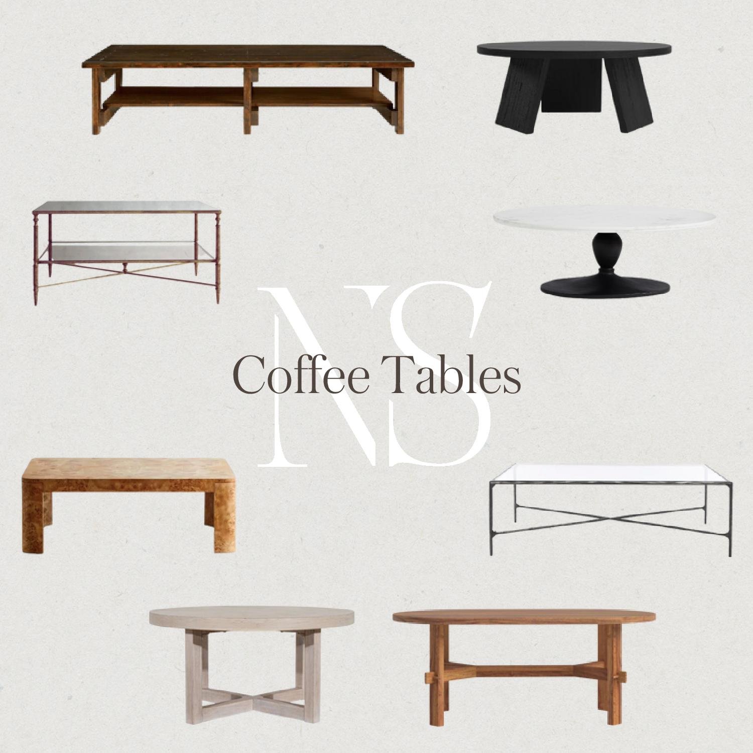 Coffee tables I love for the living room. Rustic wood coffee table. Black wood coffee table. Round coffee table. Oval coffee table, Metal coffee table. | Nadine Stay