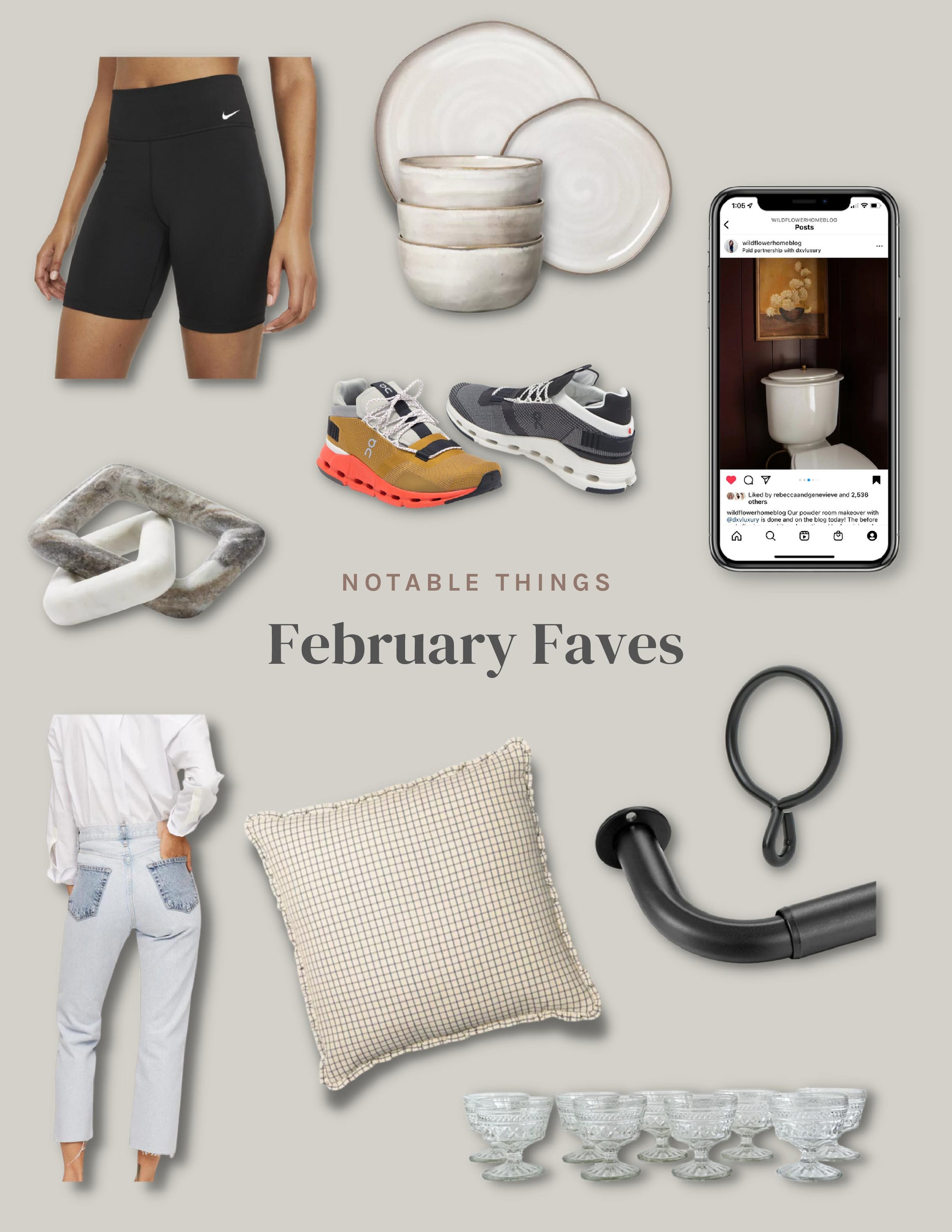 February Favorites | Buttery soft biker shorts, handmade dinnerware, sneakers I recommend for running, hiking, working out, marble knot, color block denim jeans, cream and blue windowpane pillow with ruffles, budget friendly french return curtain rod