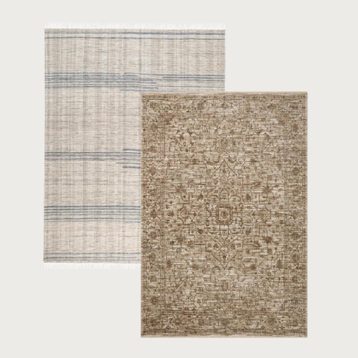 18 rugs that pair well together. How to pick multiple rugs for an open concept space. How to pair rugs that compliment each other. How to mix and match patterned rugs. Rugs that look good together Blue and brown, green and peach rugs | Nadine Stay